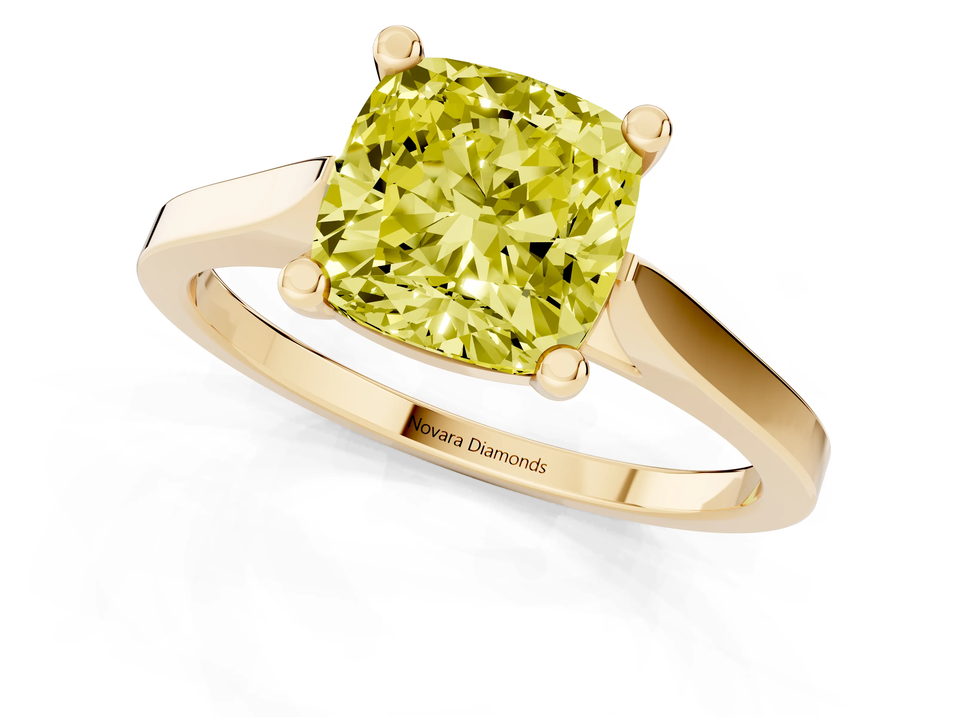 Fancy Yellow Cushion Cut Diamond Solitaire Ring Set in Yellow gold with Prong Setting and Tapered Band