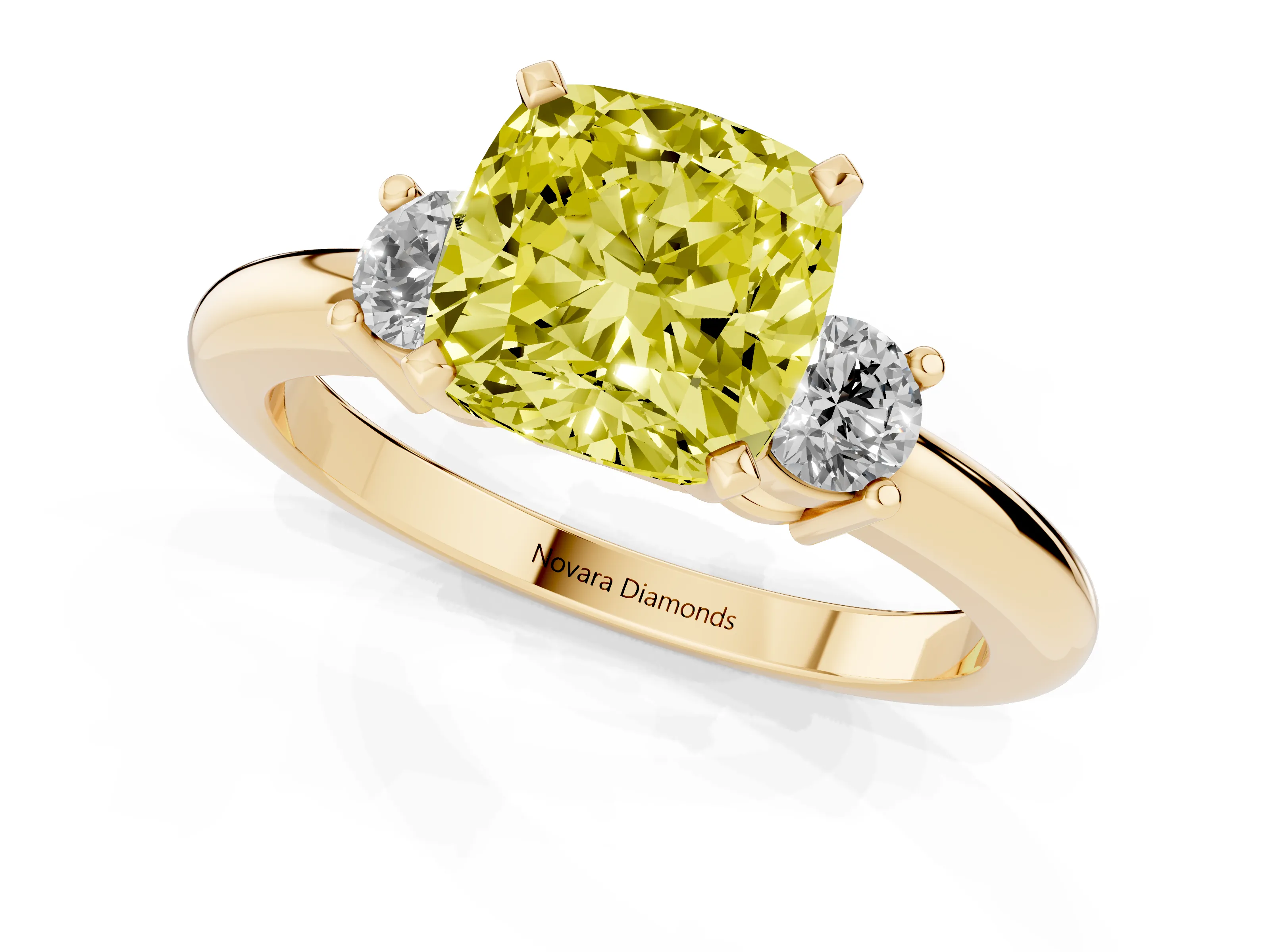 Fancy Yellow Three-Stone Cushion Cut Diamond Ring Set in Yellow gold with Prong Setting and Plain Band
