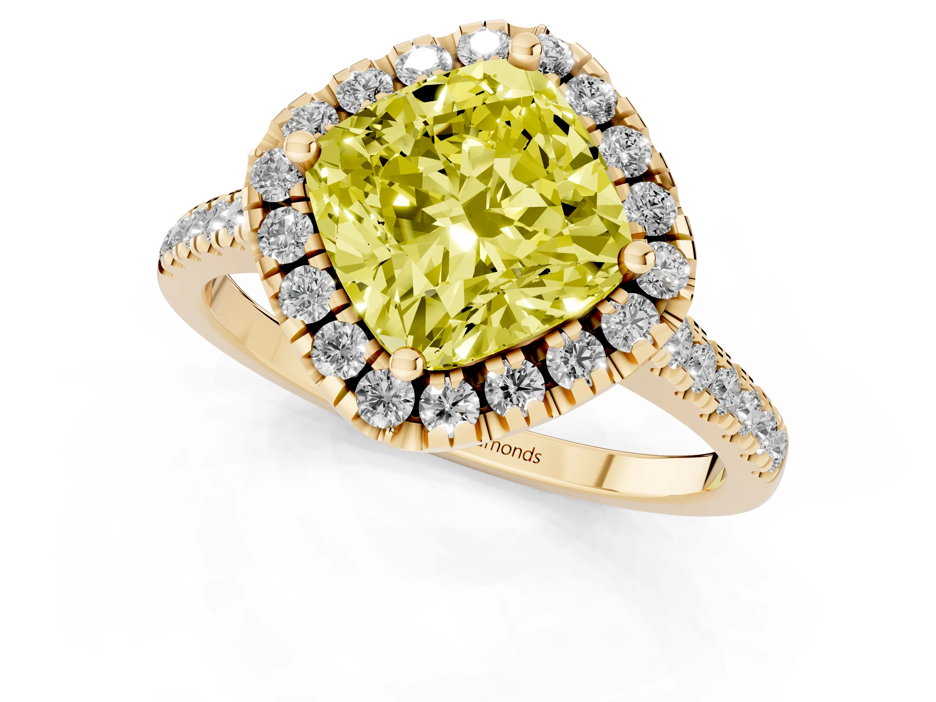 Fancy Yellow Cushion Cut Diamond Cushion Halo Ring Set in Yellow gold with Pavé Band
