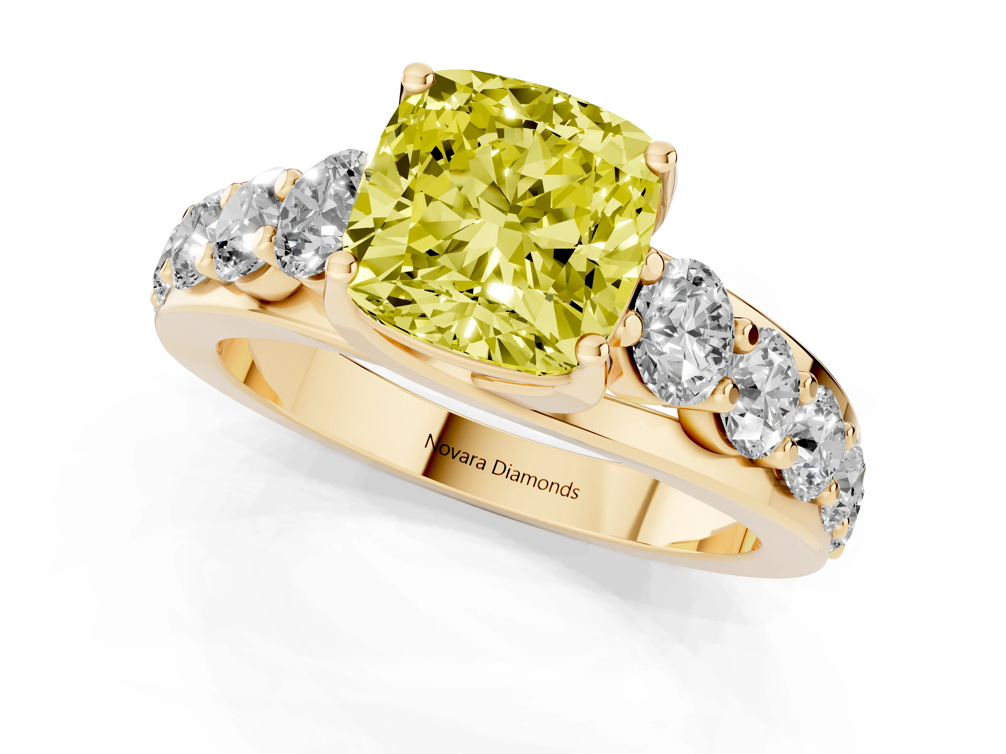 Fancy Yellow Cushion Cut Diamond Pavé Engagement Ring Set in Yellow gold with Prong Setting
