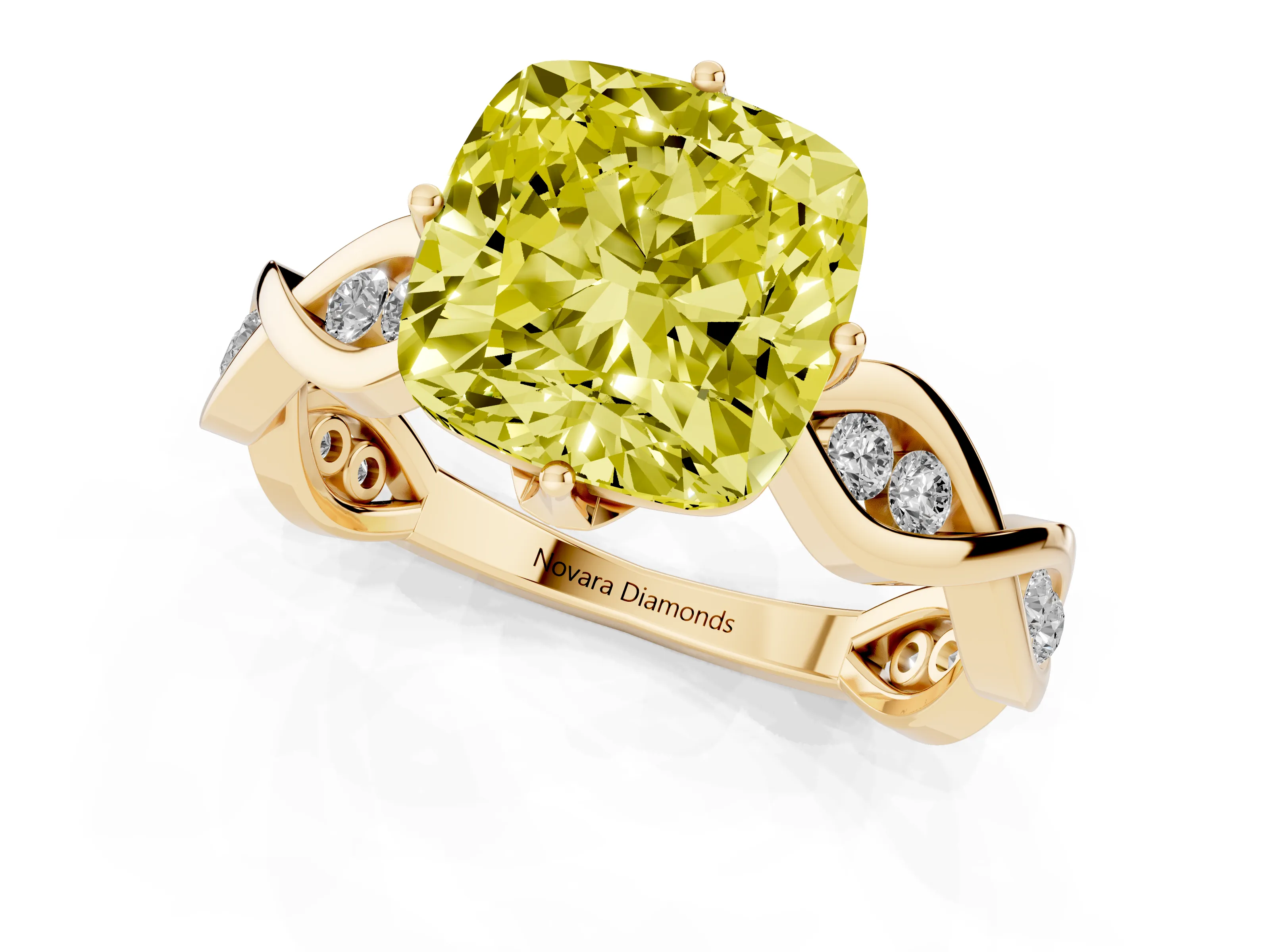 Fancy Yellow Cushion Cut Diamond Twist Band Solitaire Ring Set in Yellow gold with Leaf Prong Setting and Accent Stones