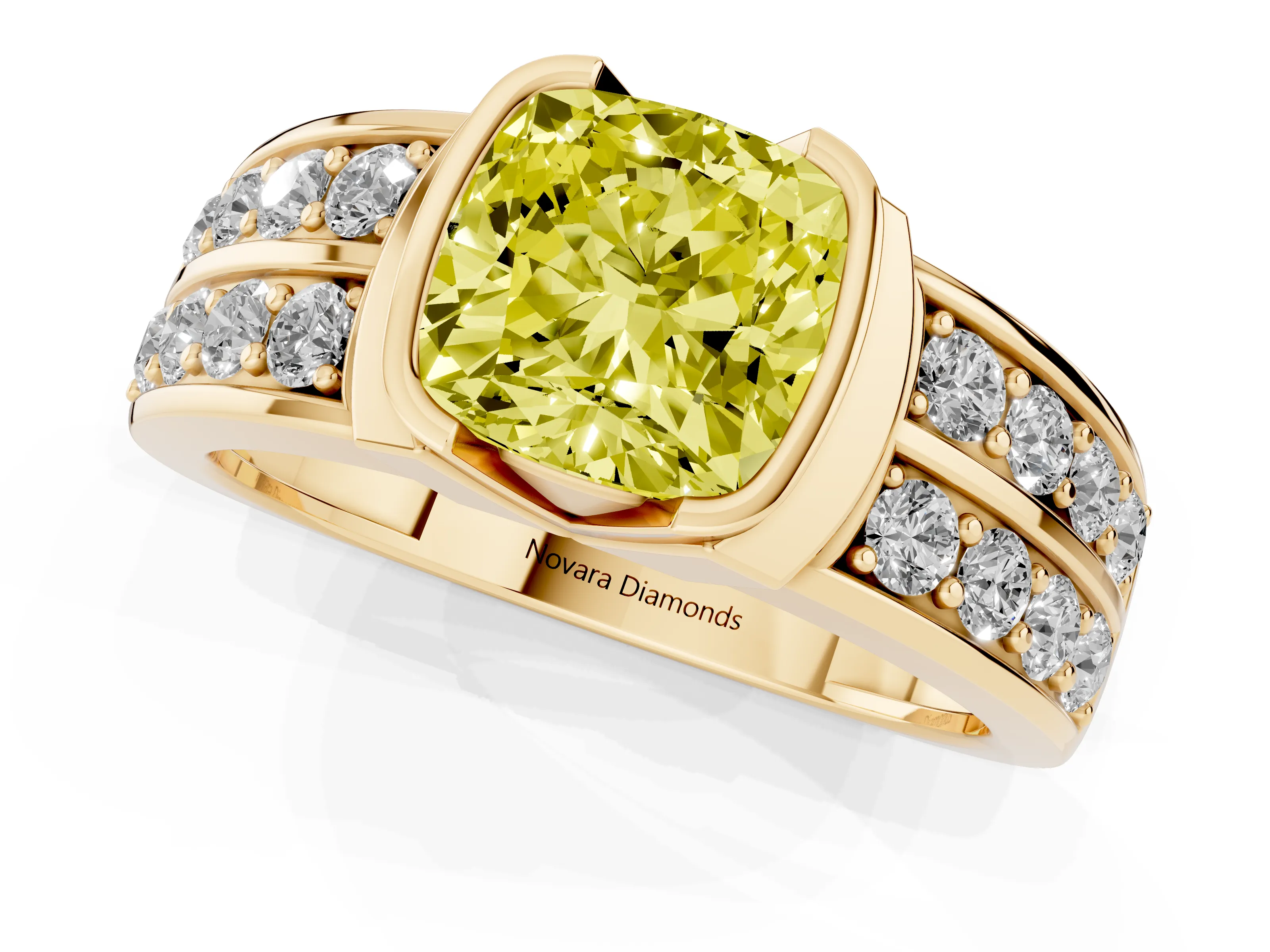 Fancy Yellow Cushion Cut Diamond Wide Channel Set Band Ring Set in Yellow gold with Bezel Setting