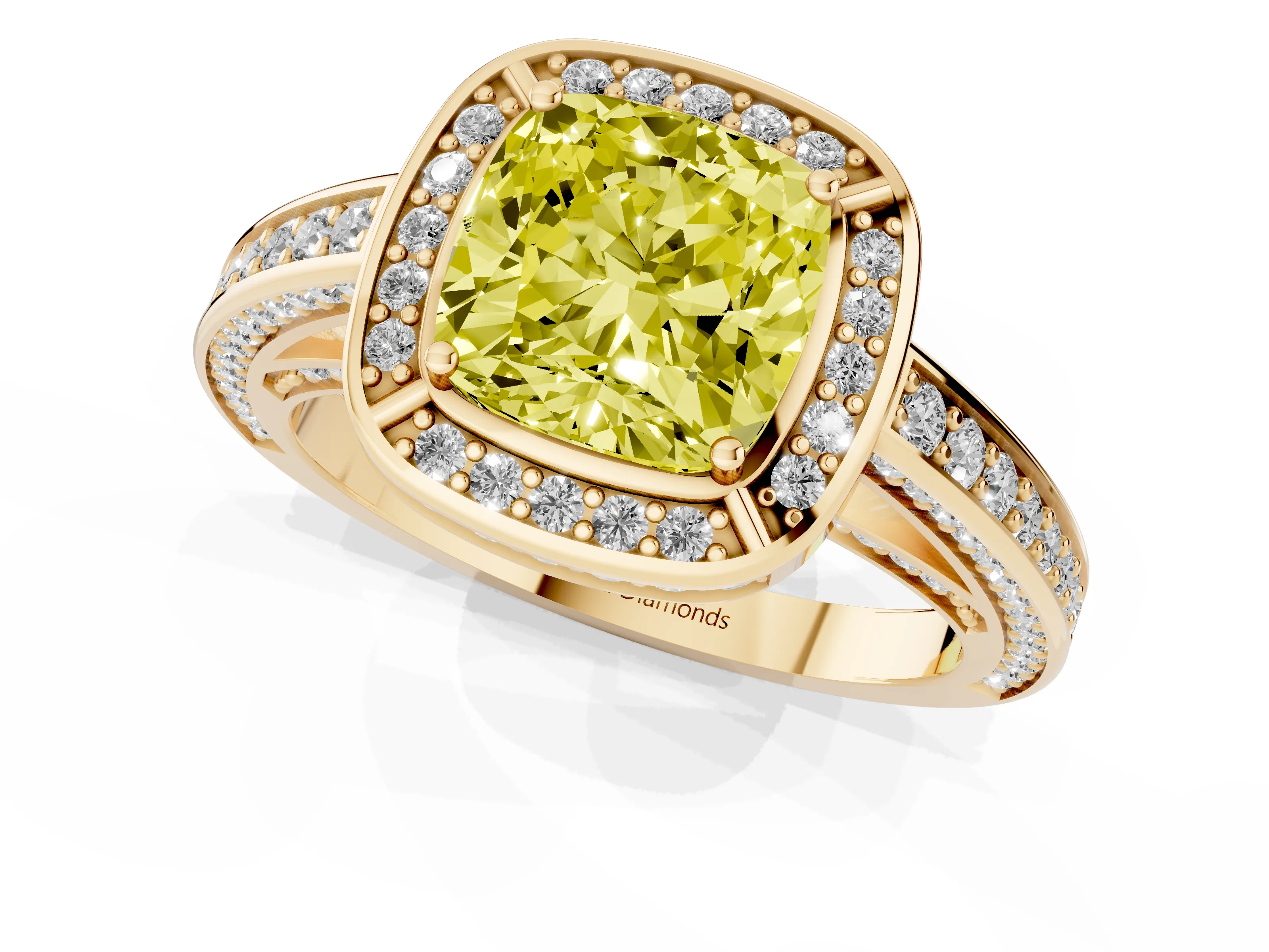 Fancy Yellow Cushion Cut Diamond Halo Pavé Split Shank Ring Set in Yellow gold with Prong Setting