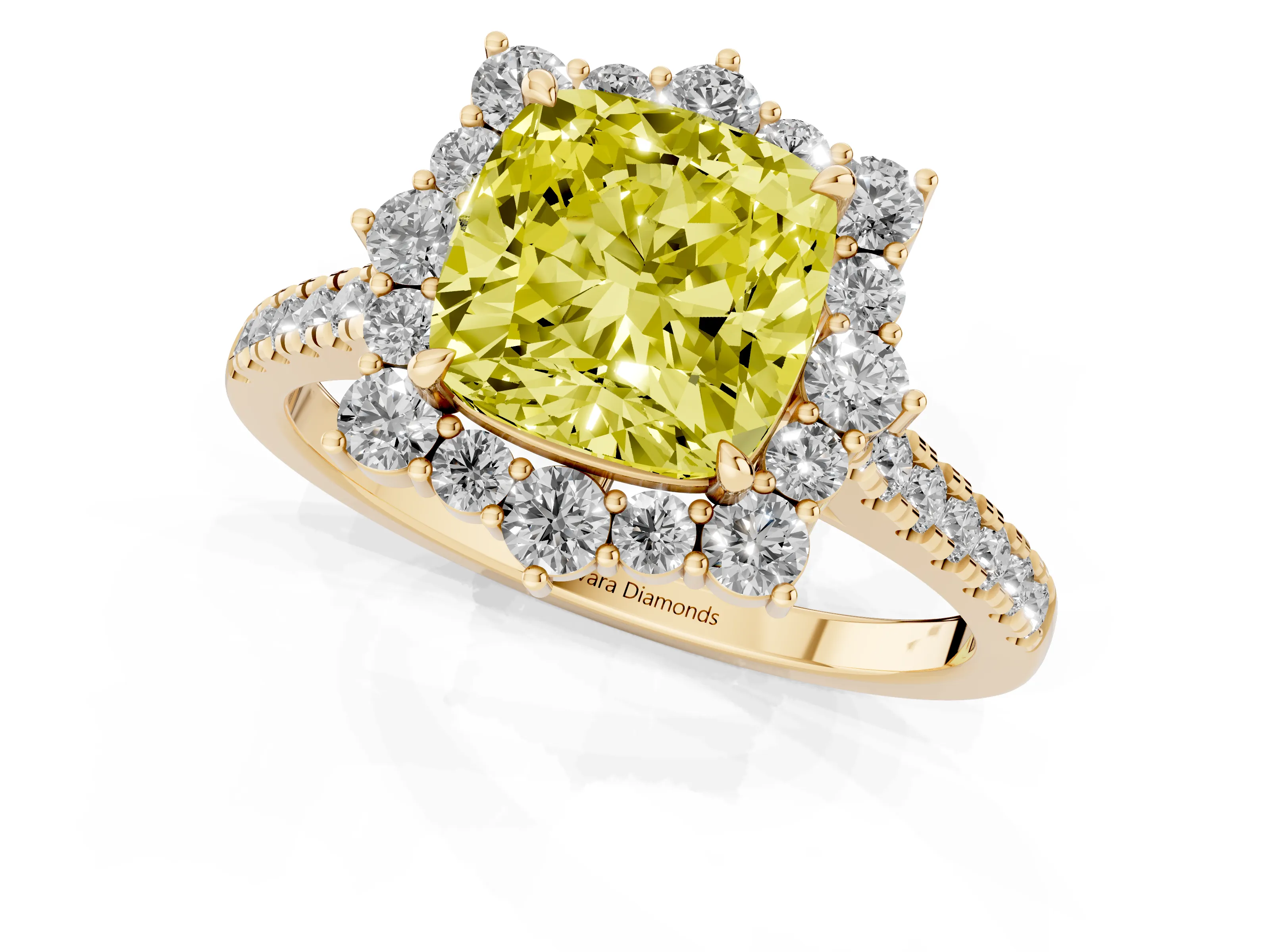 Fancy Yellow Cushion Cut Diamond Halo Ring Set in Yellow gold with Pavé Band and Prong Setting