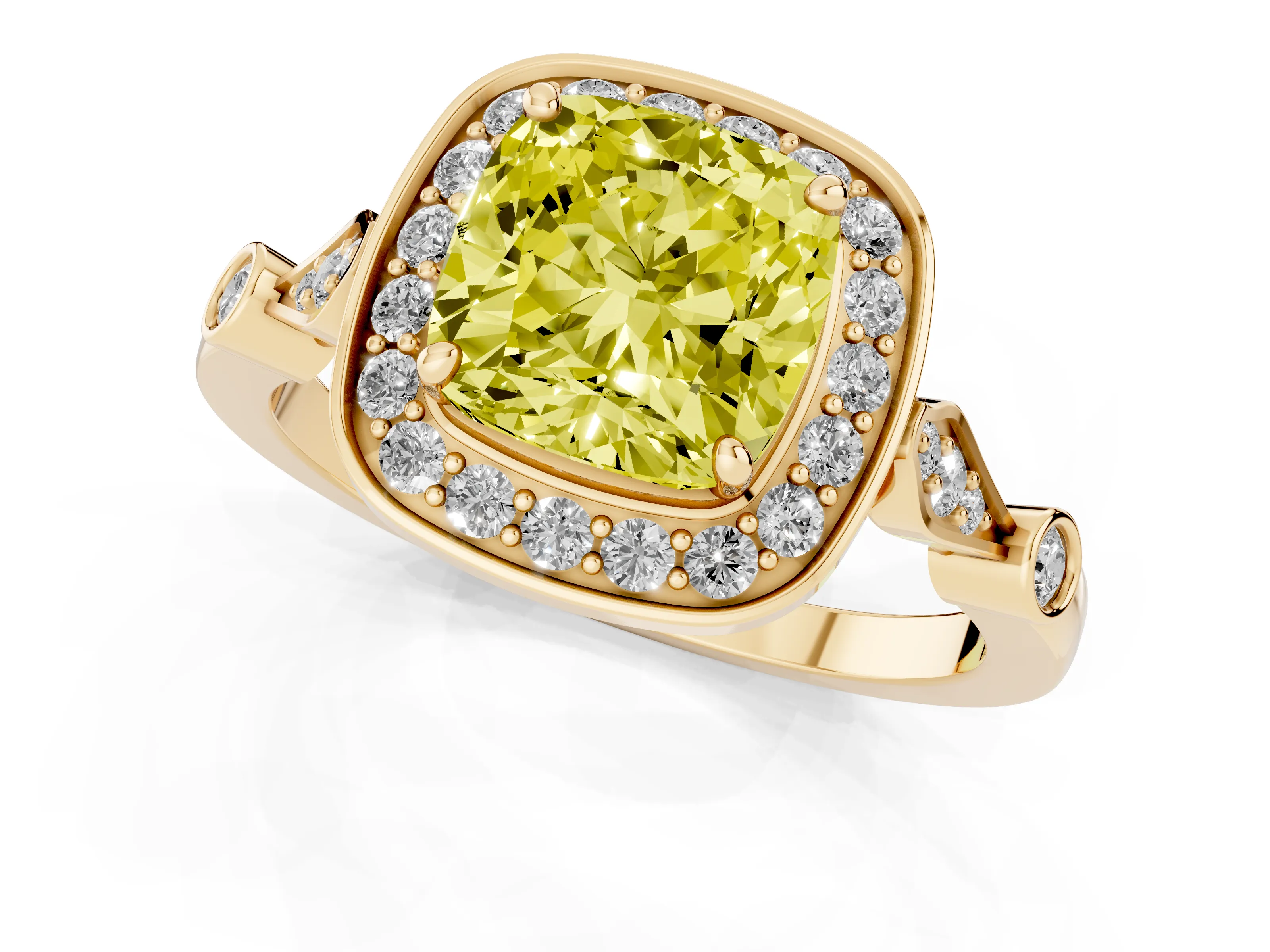 Fancy Yellow Cushion Cut Diamond Halo Engagement Ring Set in Yellow gold with Twisted Band and Prong Setting