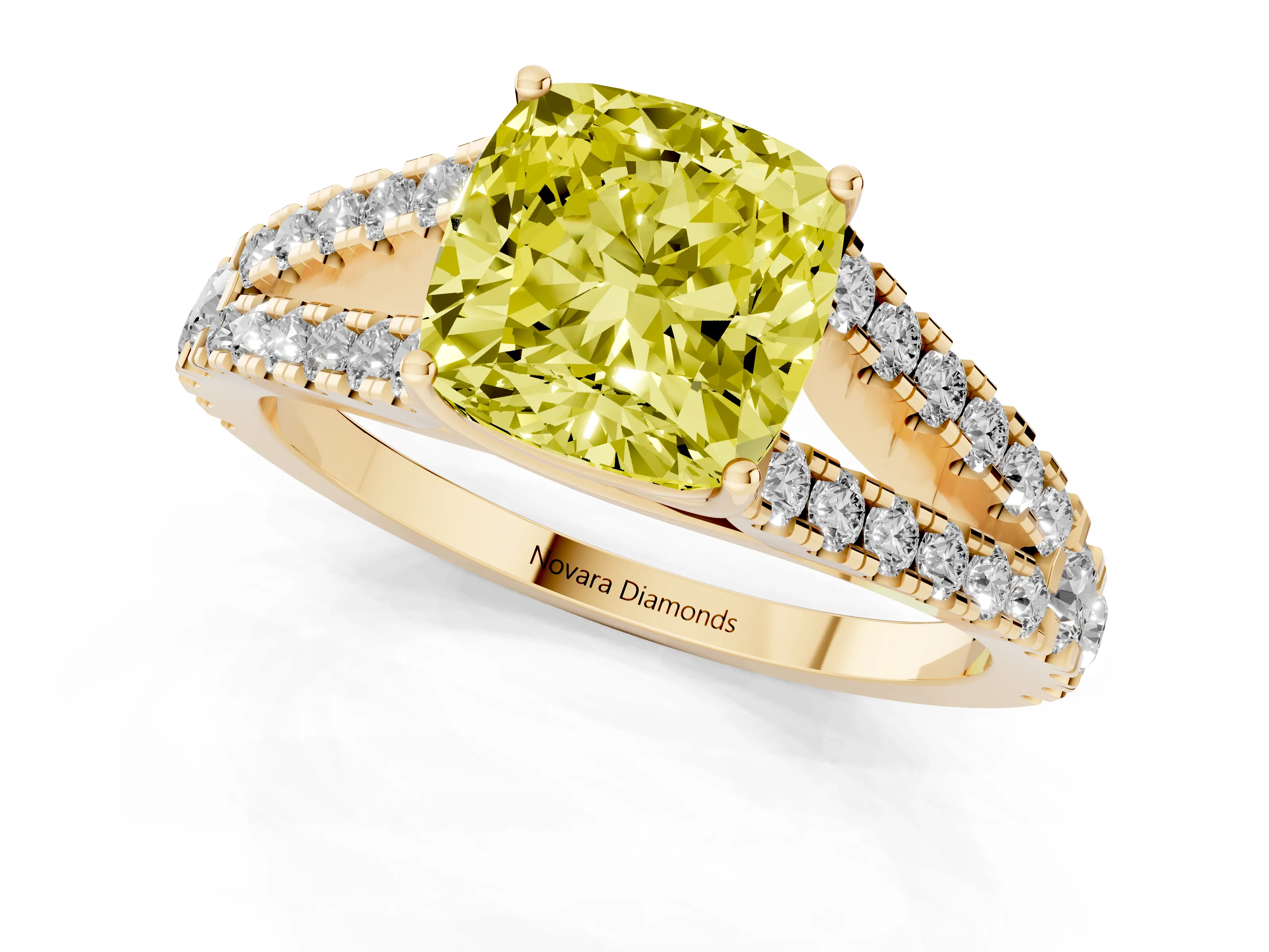 Fancy Yellow Cushion Cut Diamond Split Shank Pavé Engagement Ring Set in Yellow gold with Prong-Held Center Stone