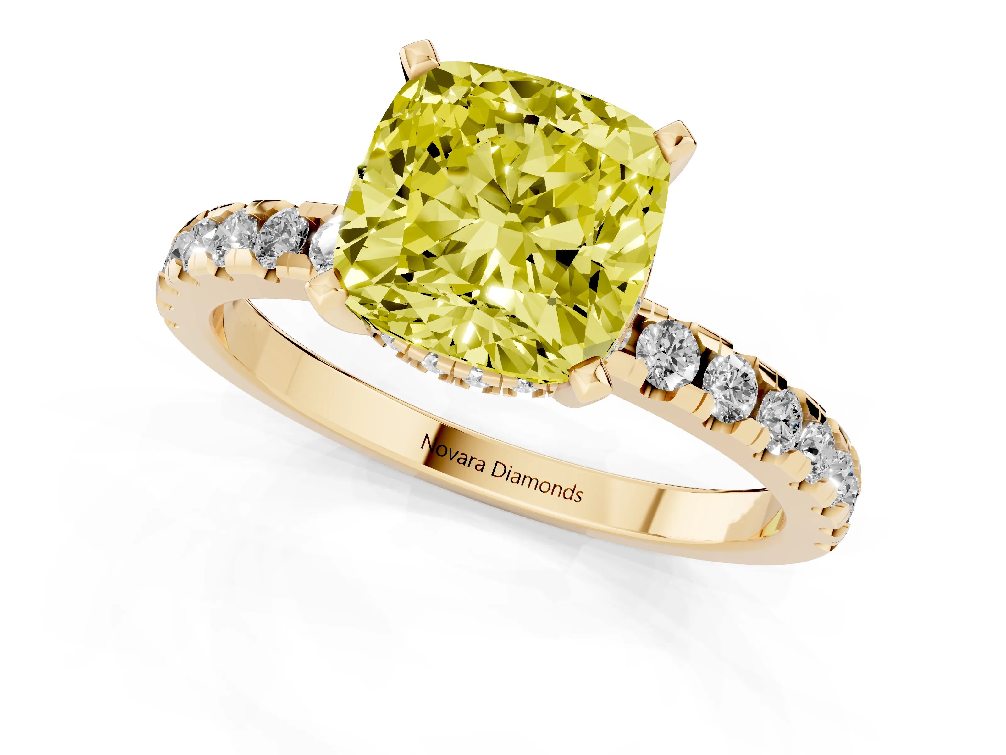 Fancy Yellow Cushion Cut Diamond Pavé Solitaire Ring Set in Yellow gold with Round Band Accents and Prong Setting