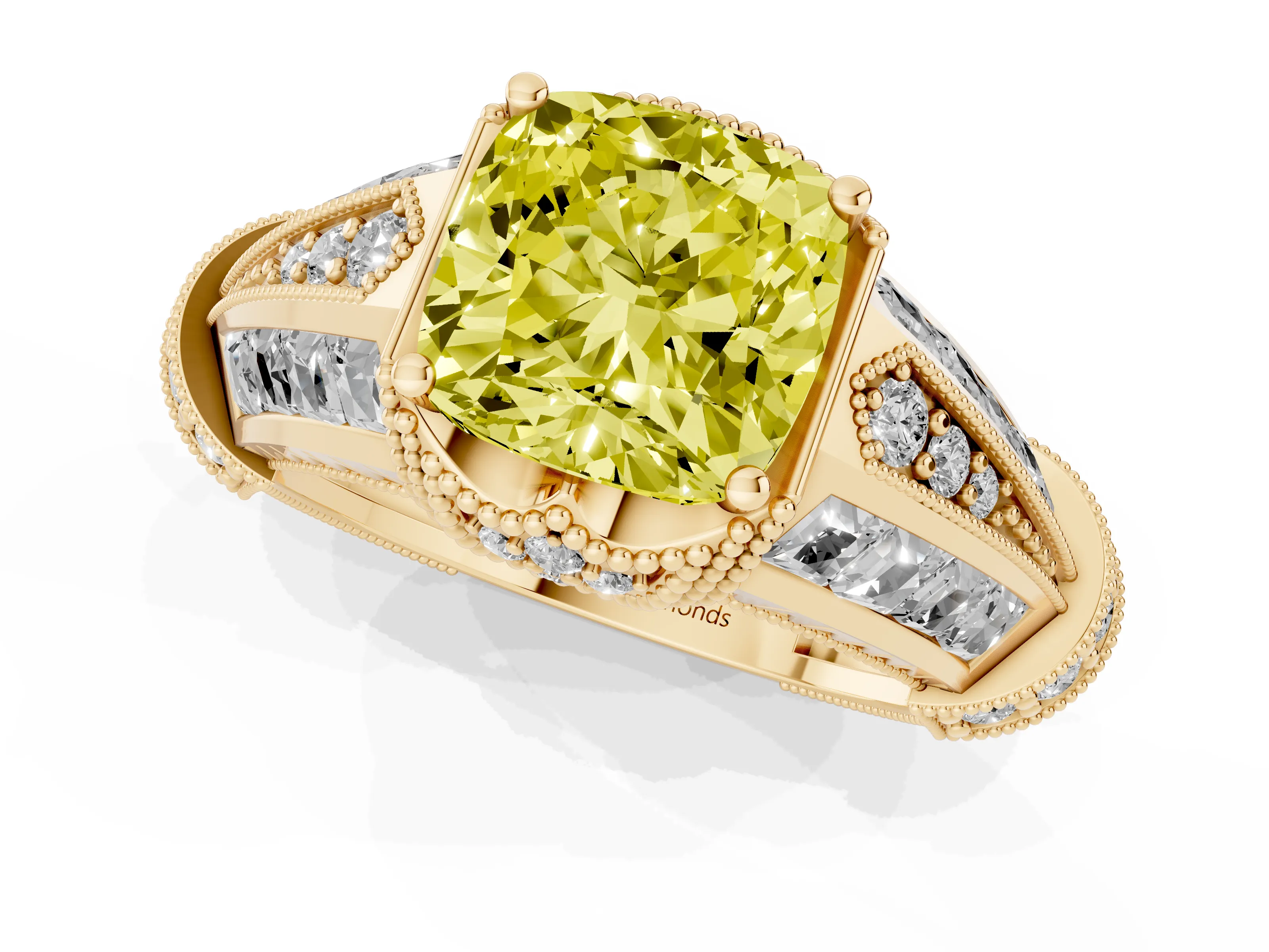 Fancy Yellow Cushion Cut Diamond Vintage-Inspired Milgrain Ring Set in Yellow gold with Accent Split Shank