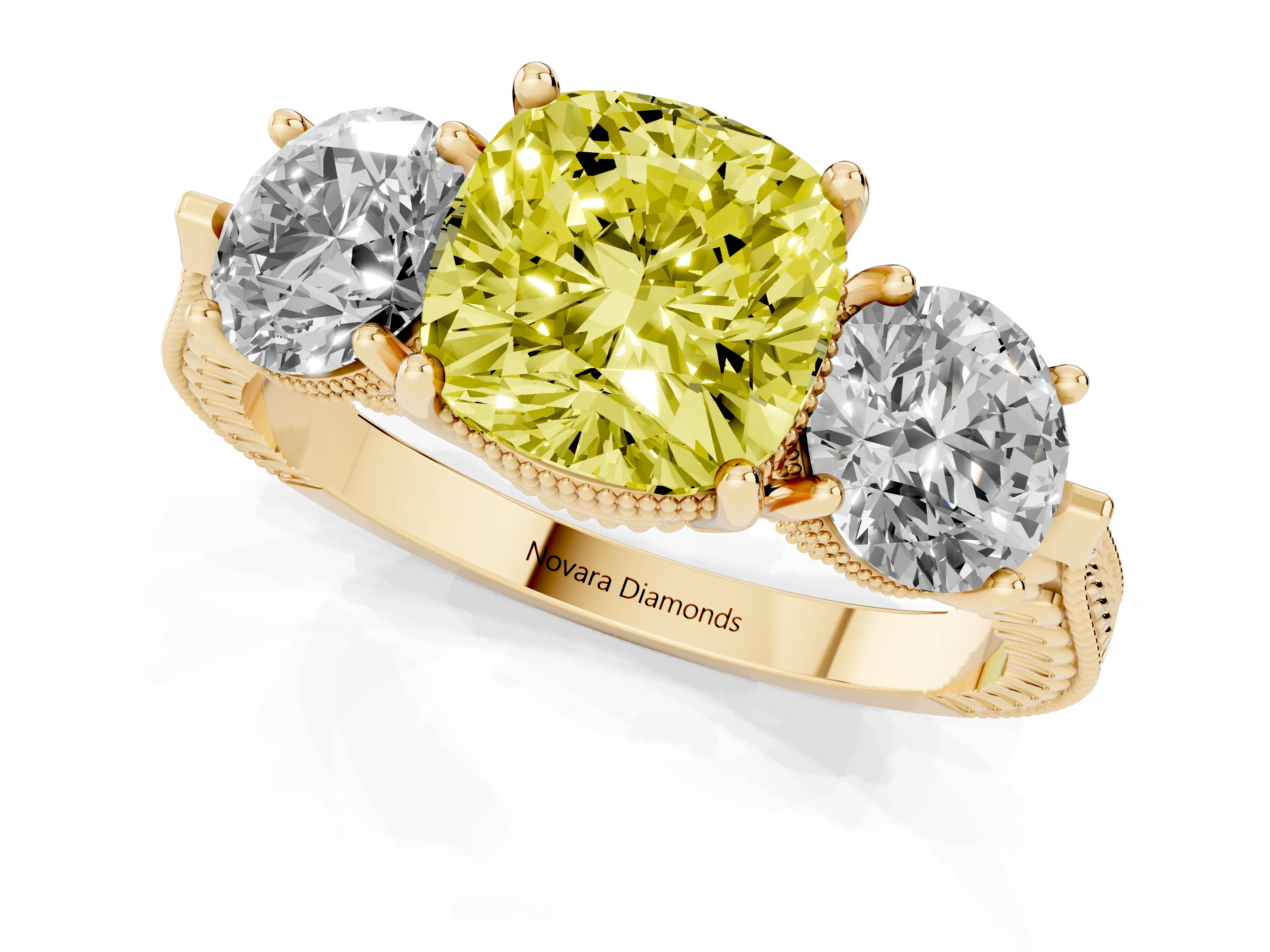 Fancy Yellow Cushion Cut Diamond Three-Stone Ring Set in Yellow gold with Milgrain Band