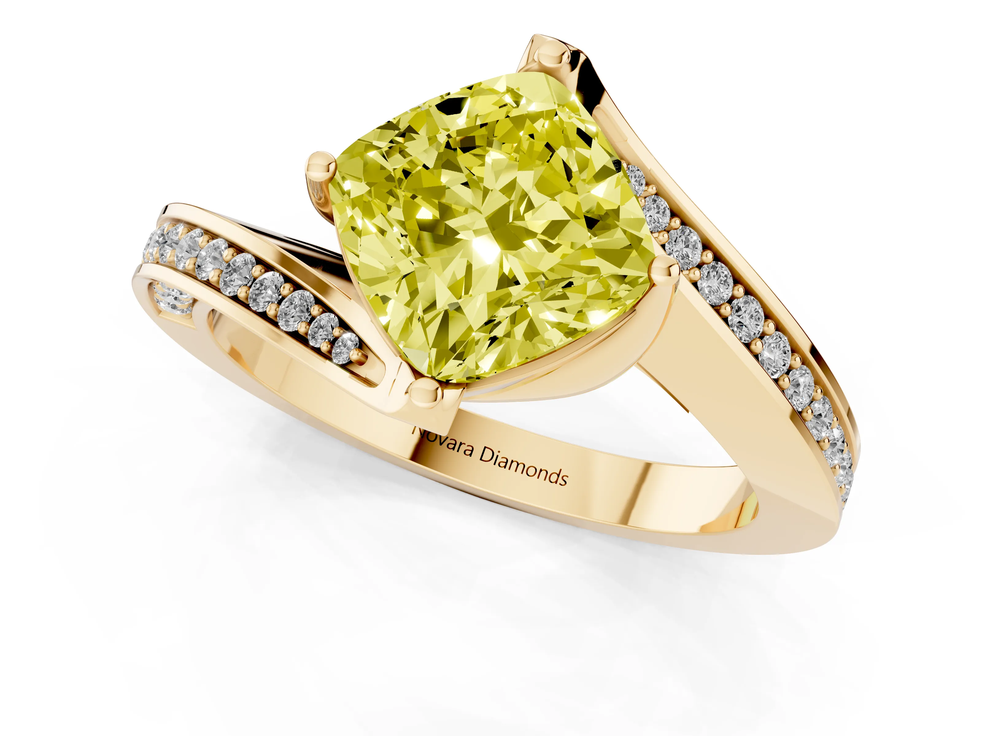 Fancy Yellow Cushion Cut Diamond Solitaire Ring Set in Yellow gold with Intertwined Pavé Twist Band