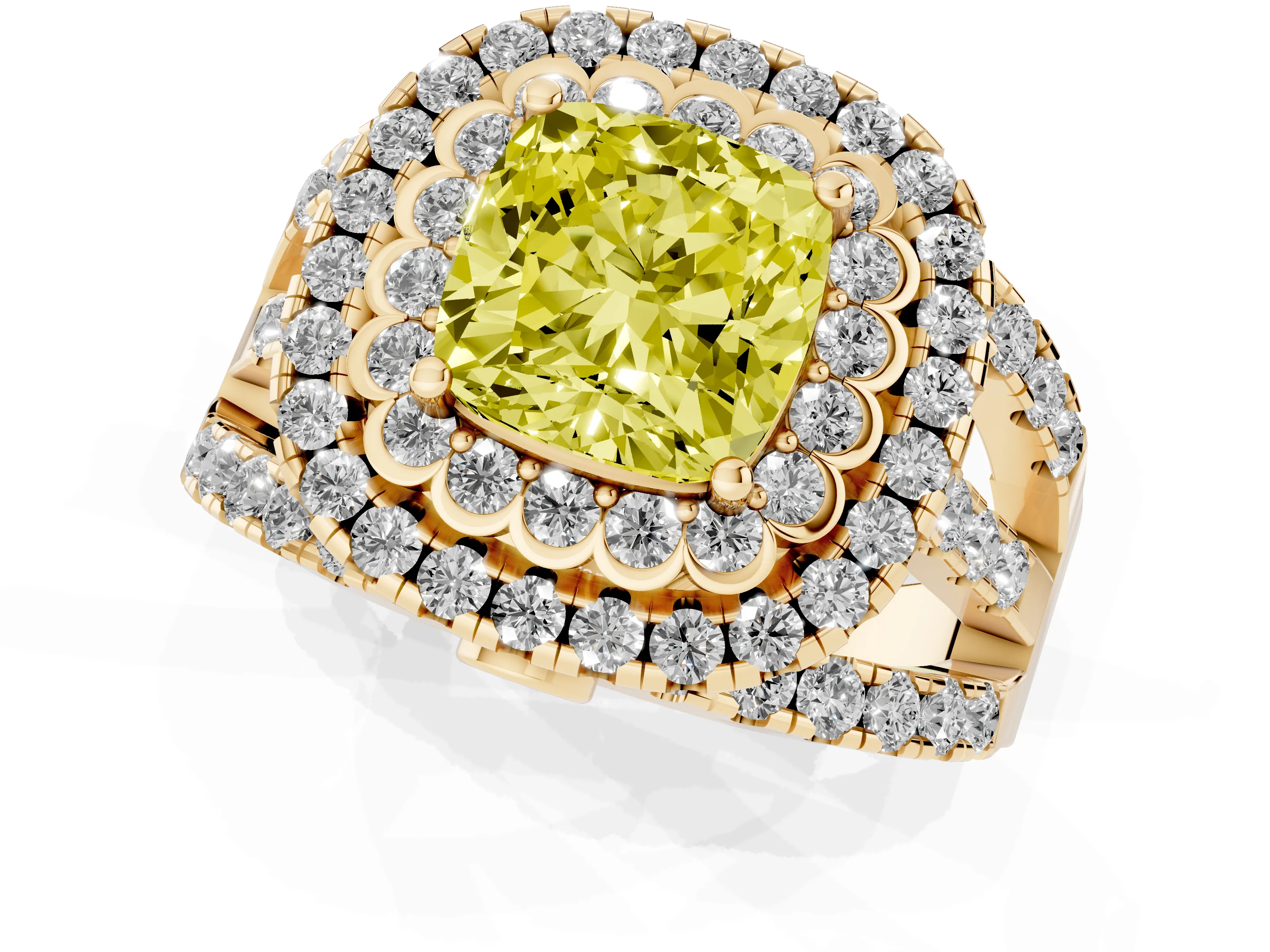 Fancy Yellow Cushion Cut Diamond Double Halo Ring Set in Yellow gold with Round Pavé Split Shank – second view