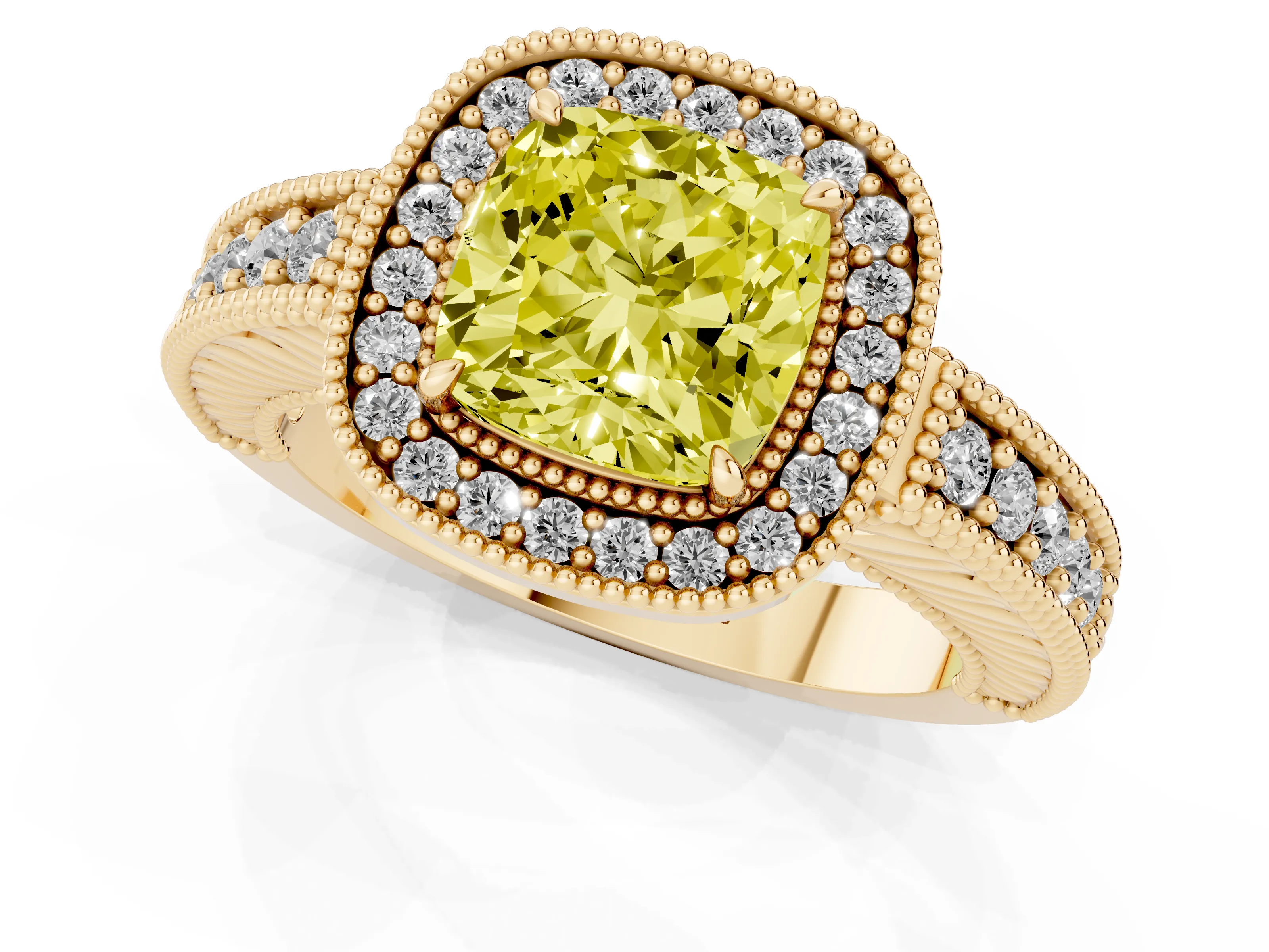 Fancy Yellow Cushion Cut Diamond Halo Ring Set in Yellow gold with Round Accent Halo, Pavé Band and Prong Setting