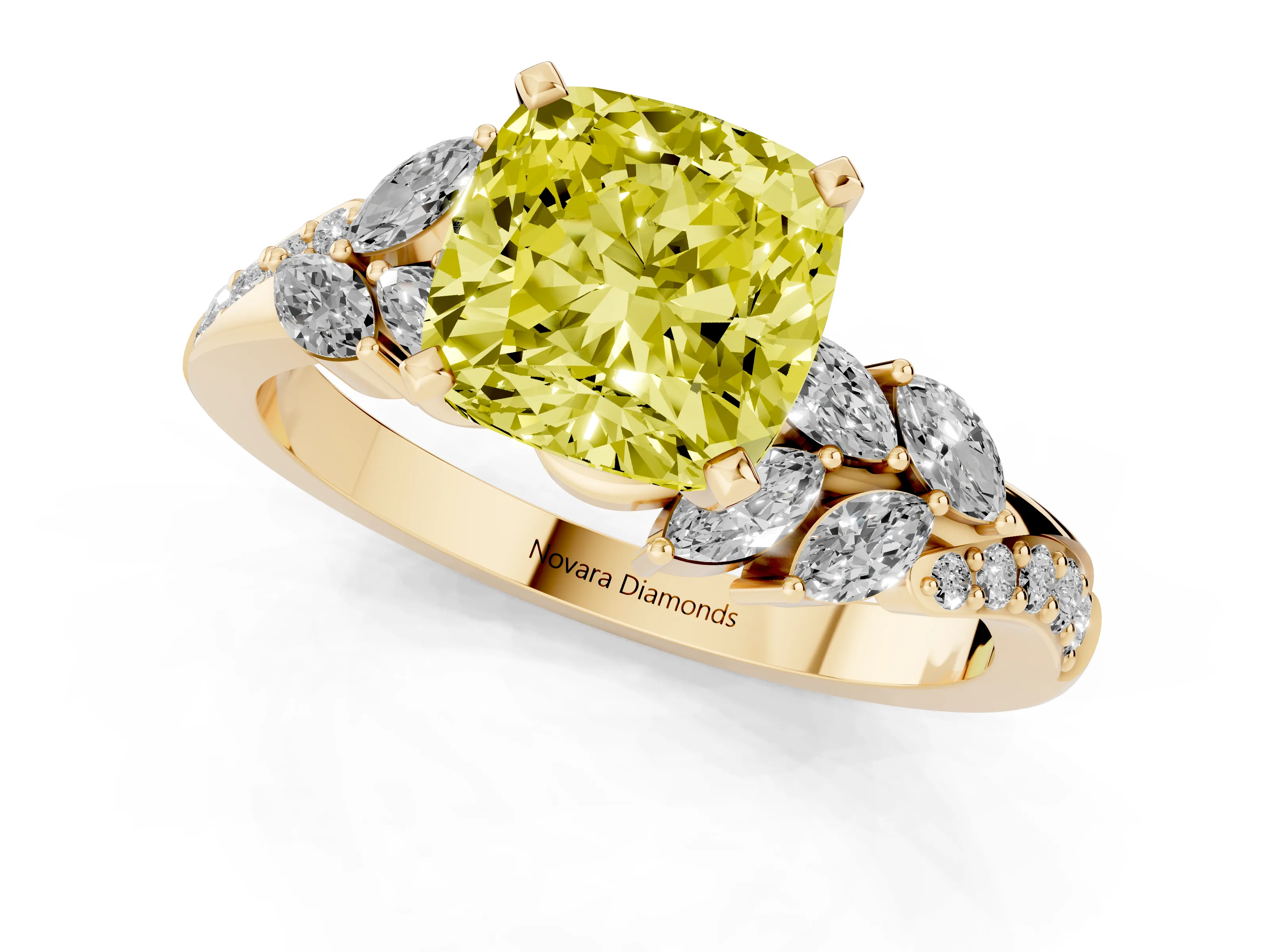 Fancy Yellow Cushion Cut Diamond Solitaire Ring Set in Yellow gold with Marquise Twist Band and Prong Setting