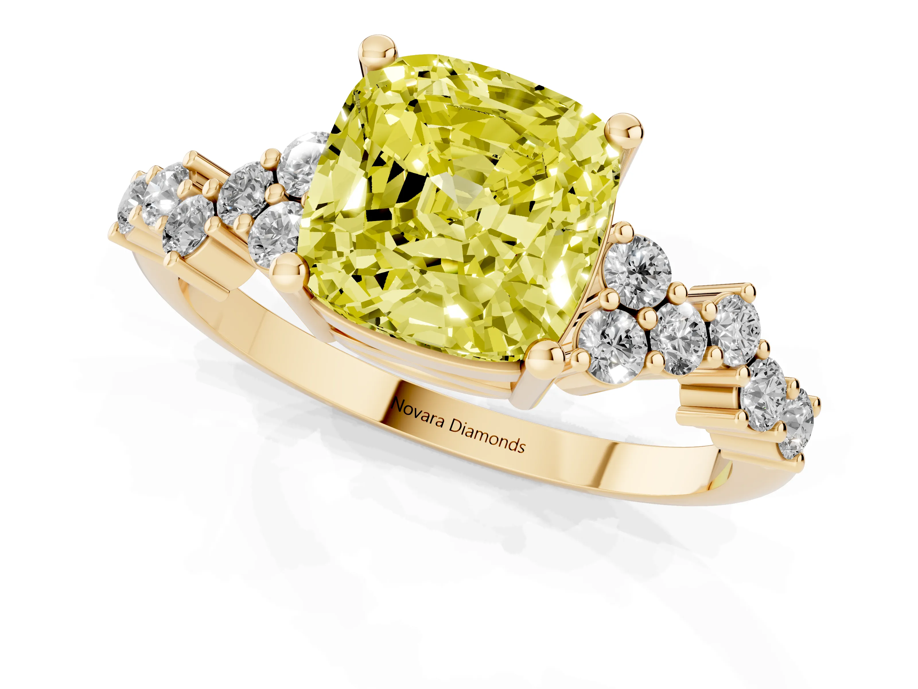 Fancy Yellow Cushion Cut Diamond Ring Set in Yellow gold with Scattered Round Accents