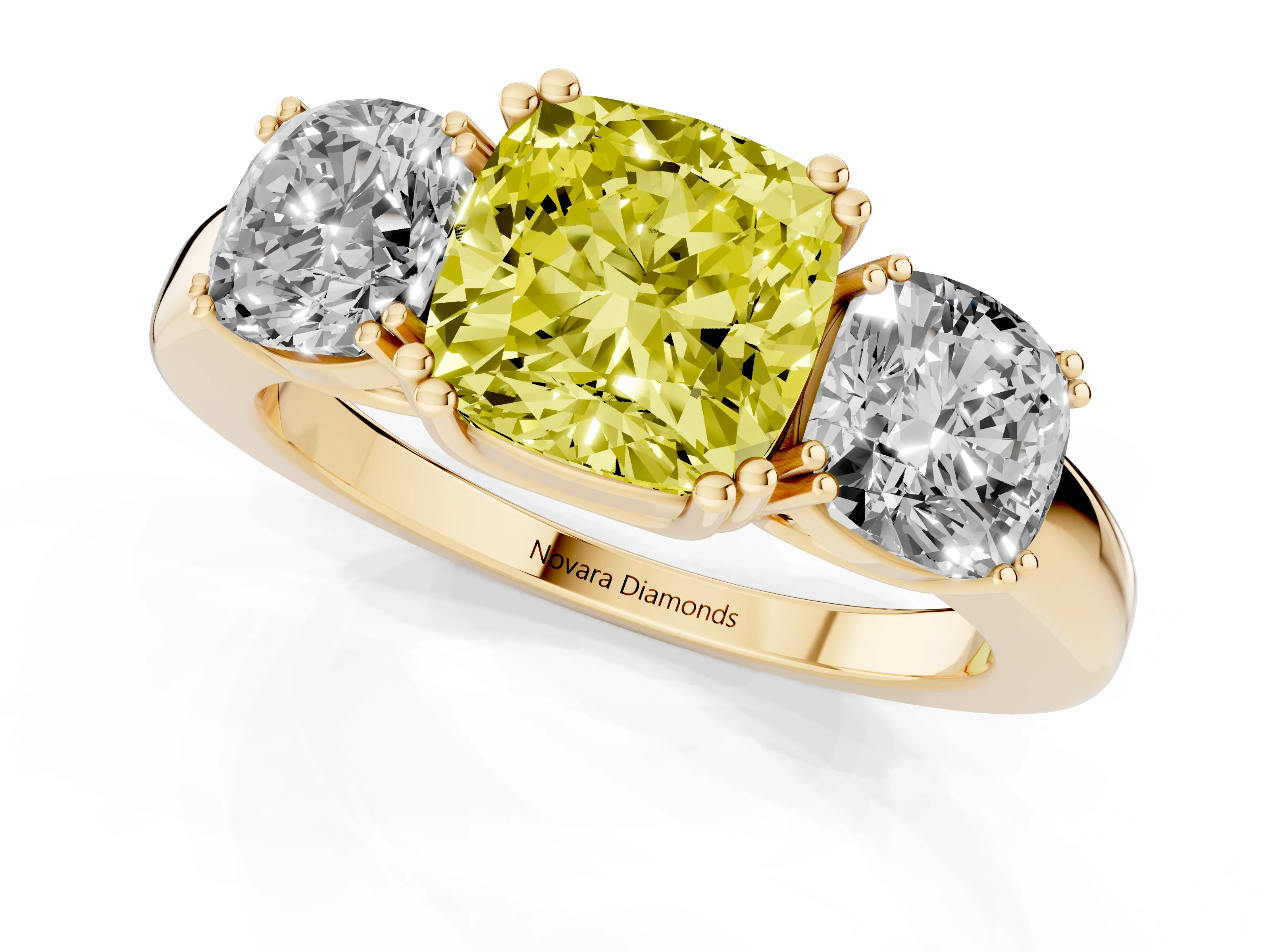 Fancy Yellow Cushion Cut Diamond Three-Stone Ring Set in Yellow gold with Polished Band and Prong Setting
