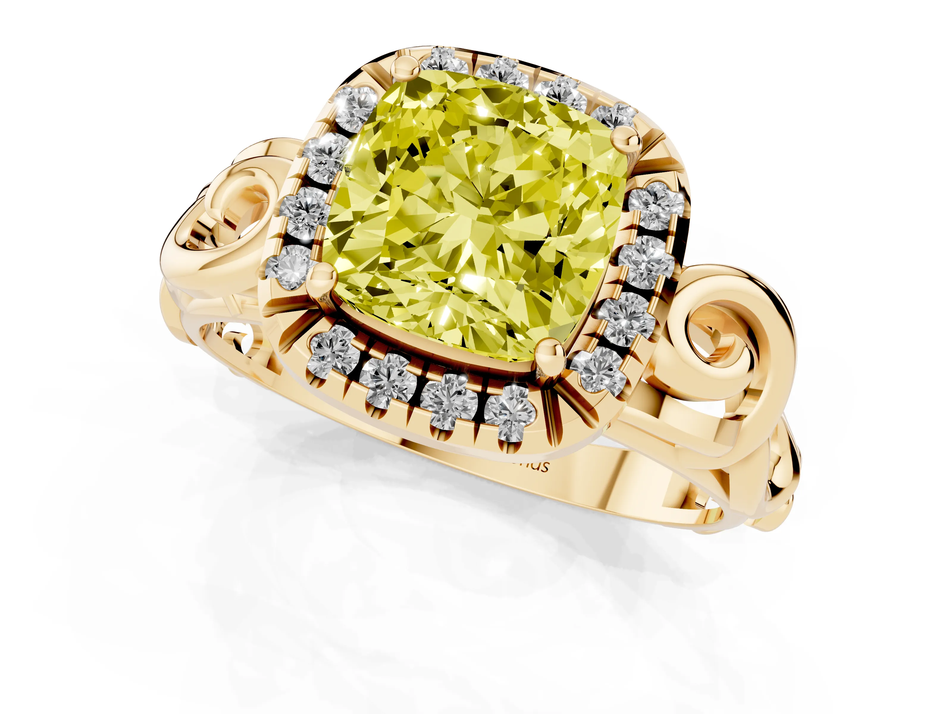 Fancy Yellow Cushion Cut Diamond Halo Ring Set in Yellow gold with Scrollwork Band and Prong Setting