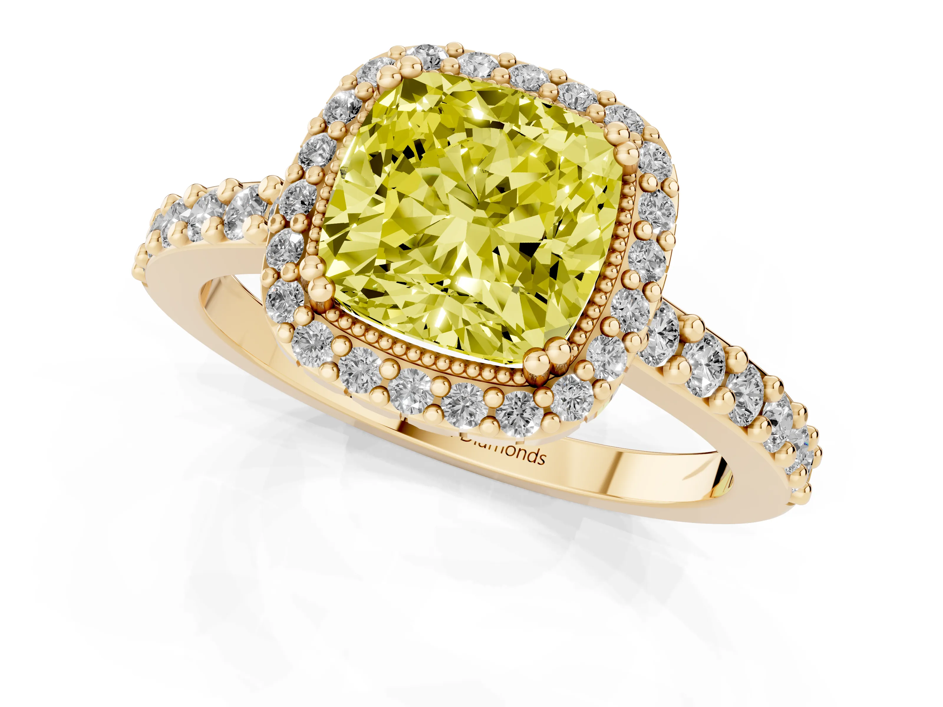 Fancy Yellow Cushion Cut Diamond Halo Engagement Ring Set in Yellow gold with Milgrain Detail and Pavé Band