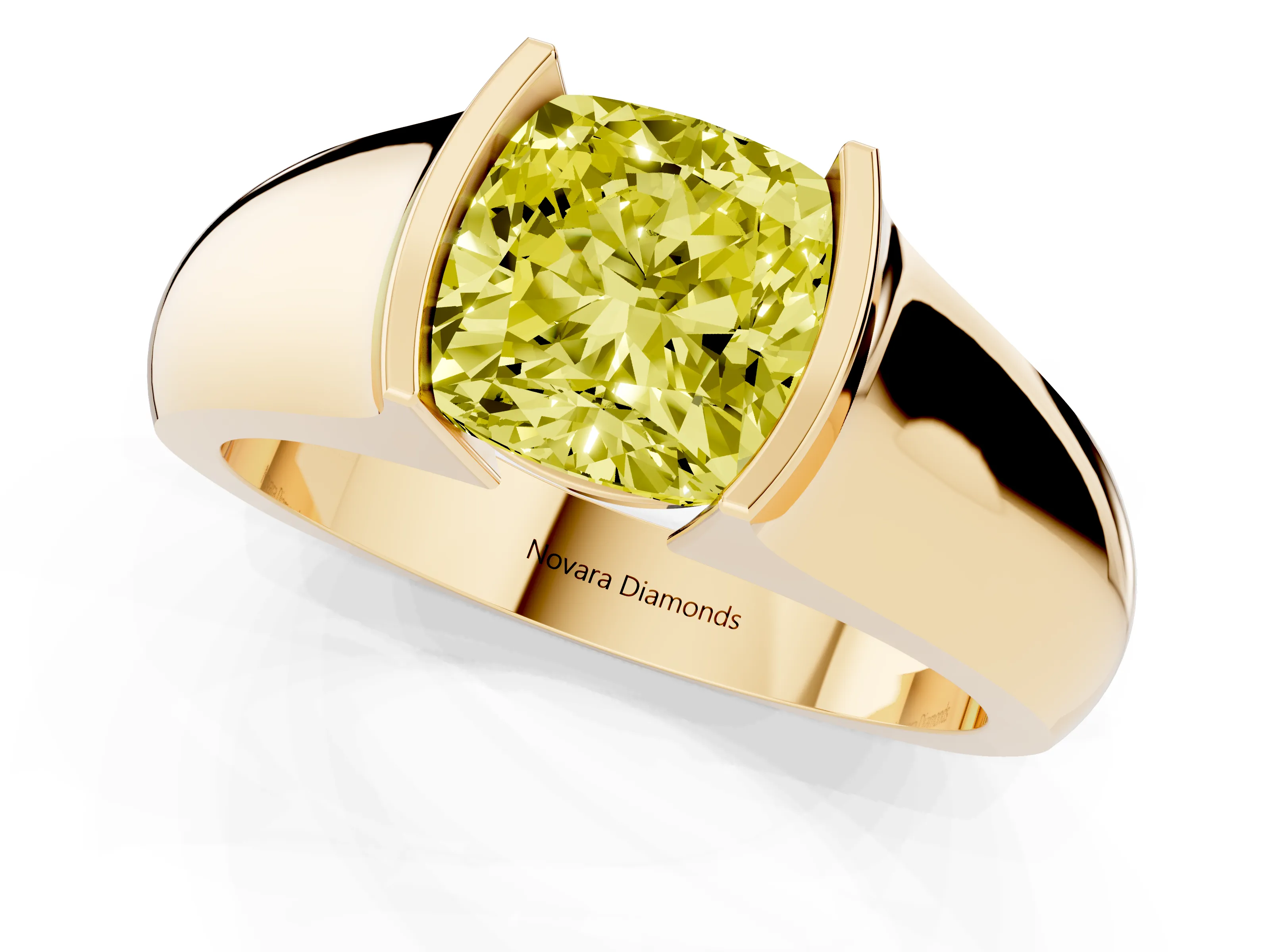 Fancy Yellow Cushion Cut Diamond Bezel Solitaire Ring Set in Yellow gold with Wide Band