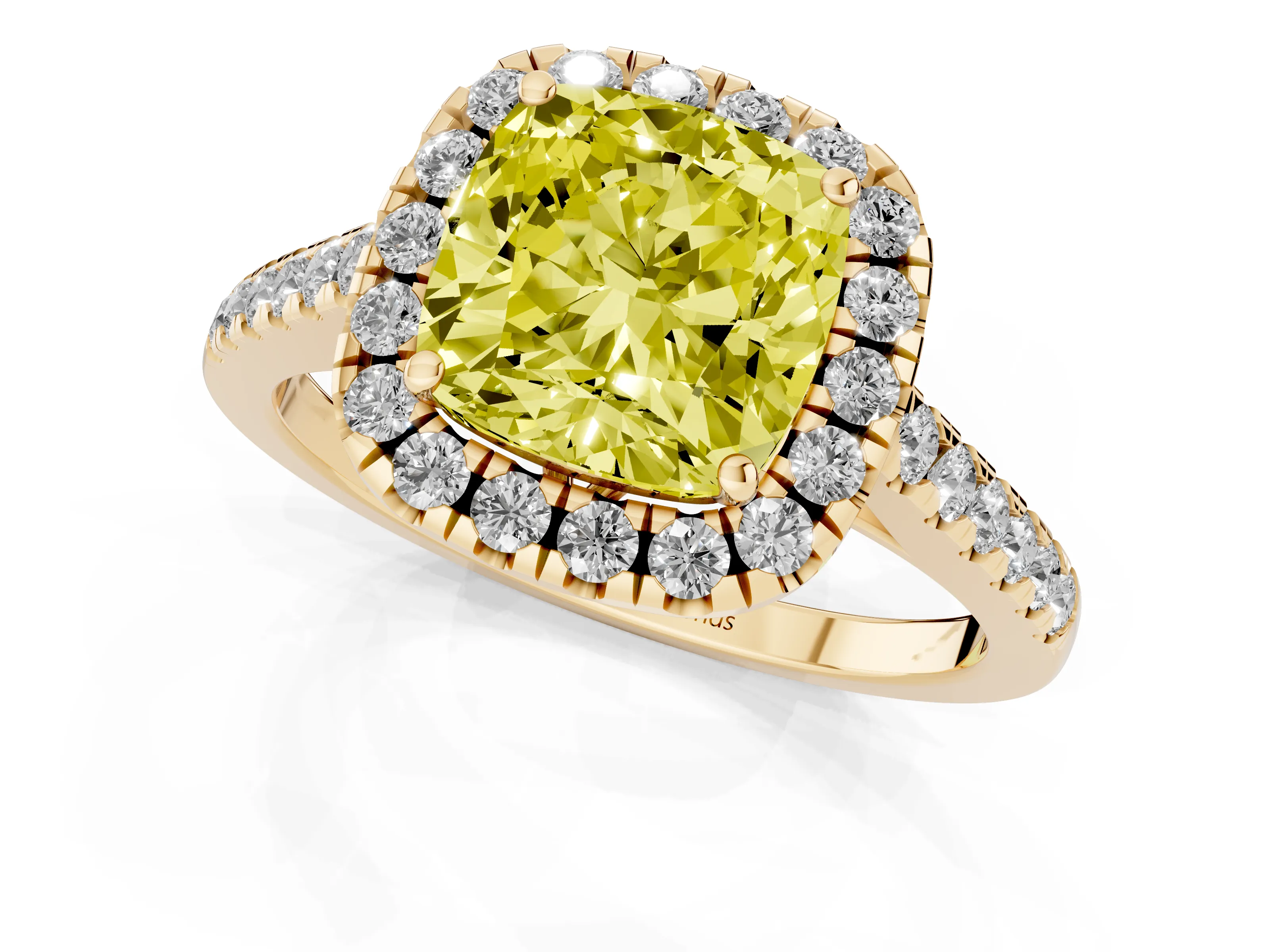 Fancy Yellow Cushion Cut Diamond Pavé Halo Engagement Ring Set in Yellow gold with Pavé Band and Prong Setting