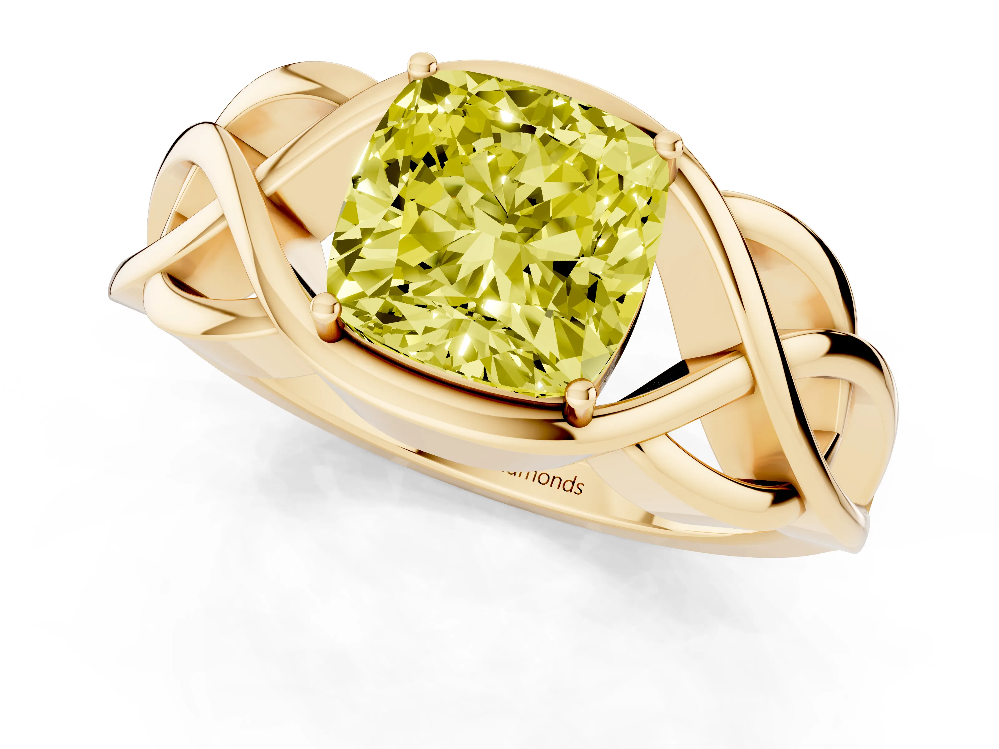 Fancy Yellow Cushion Cut Diamond Solitaire Ring Set in Yellow gold with Intertwined Band
