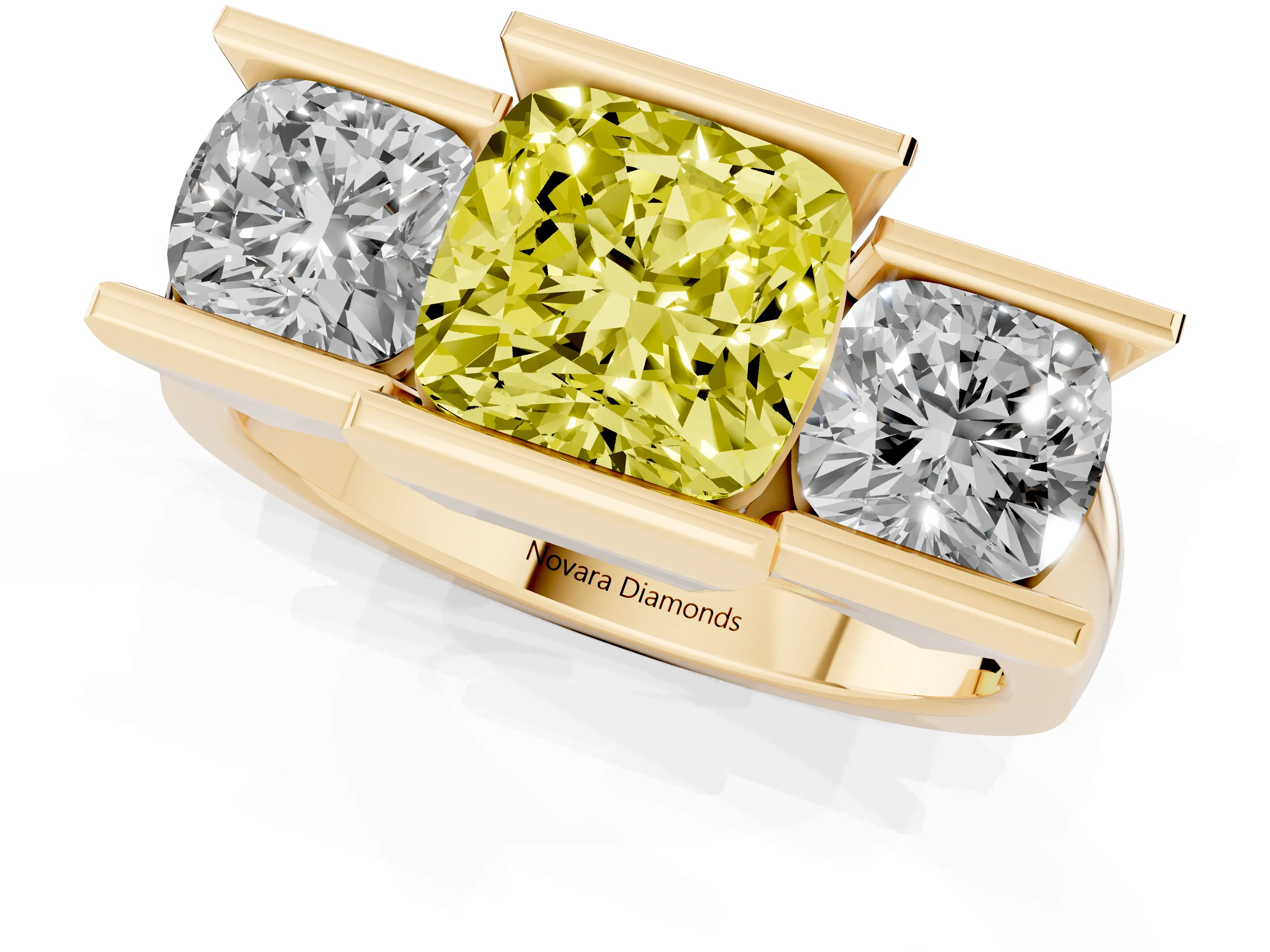 Fancy Yellow Cushion Cut Diamond Three-Stone Channel Set Ring Set in Yellow gold with Smooth Polished Band