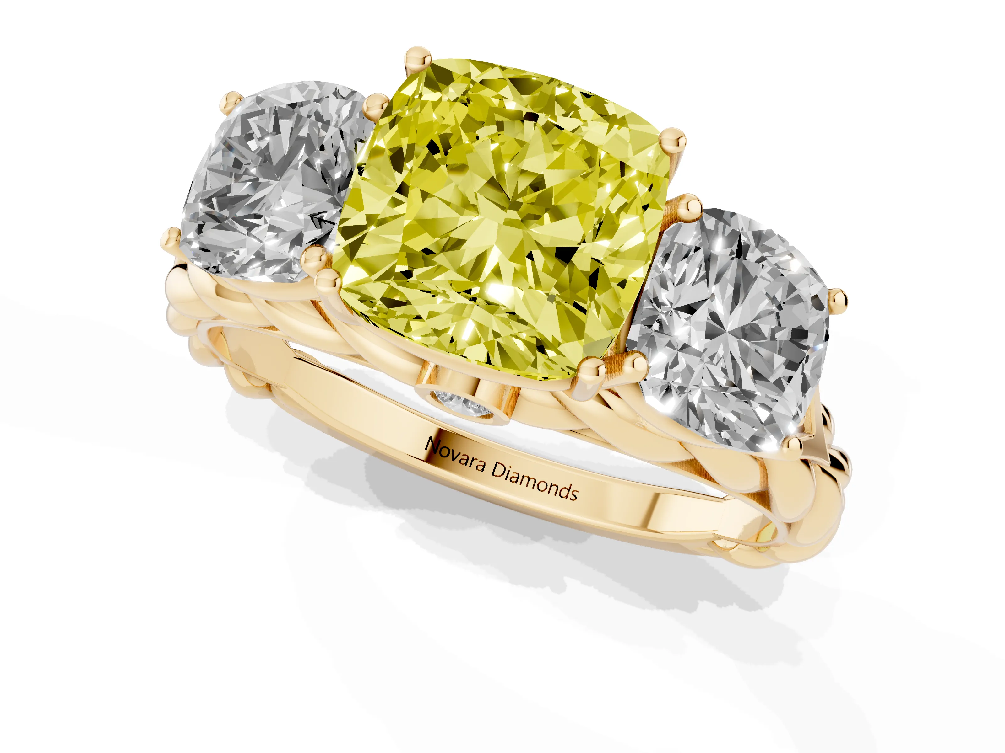 Fancy Yellow Cushion Cut Diamond Three-Stone Ring Set in Yellow gold with Braided Band
