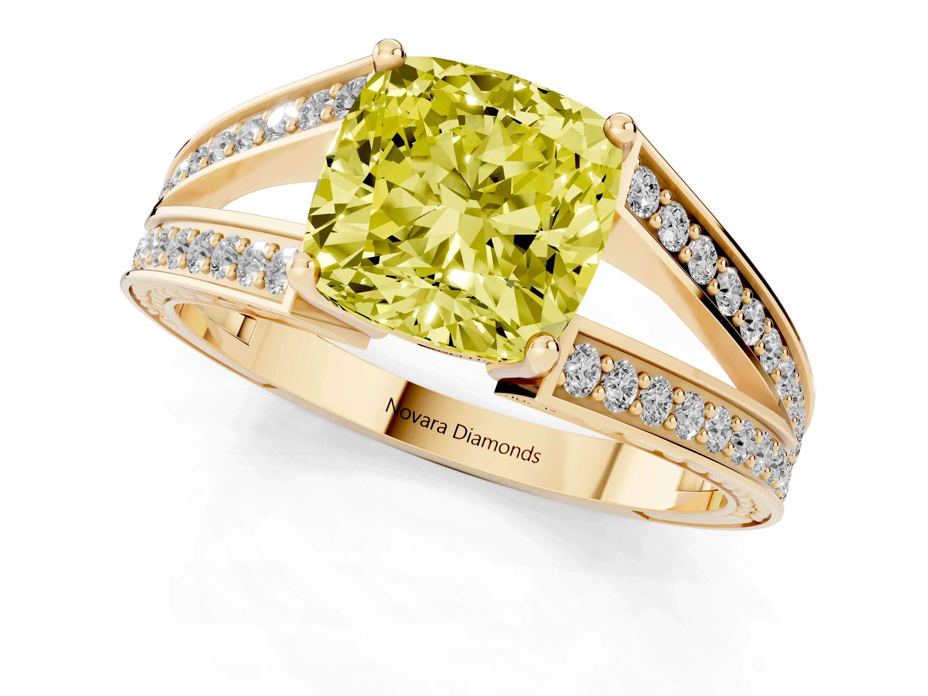 Fancy Yellow Cushion Cut Diamond Split Shank Ring Set in Yellow gold with Pavé Band and Prong Setting