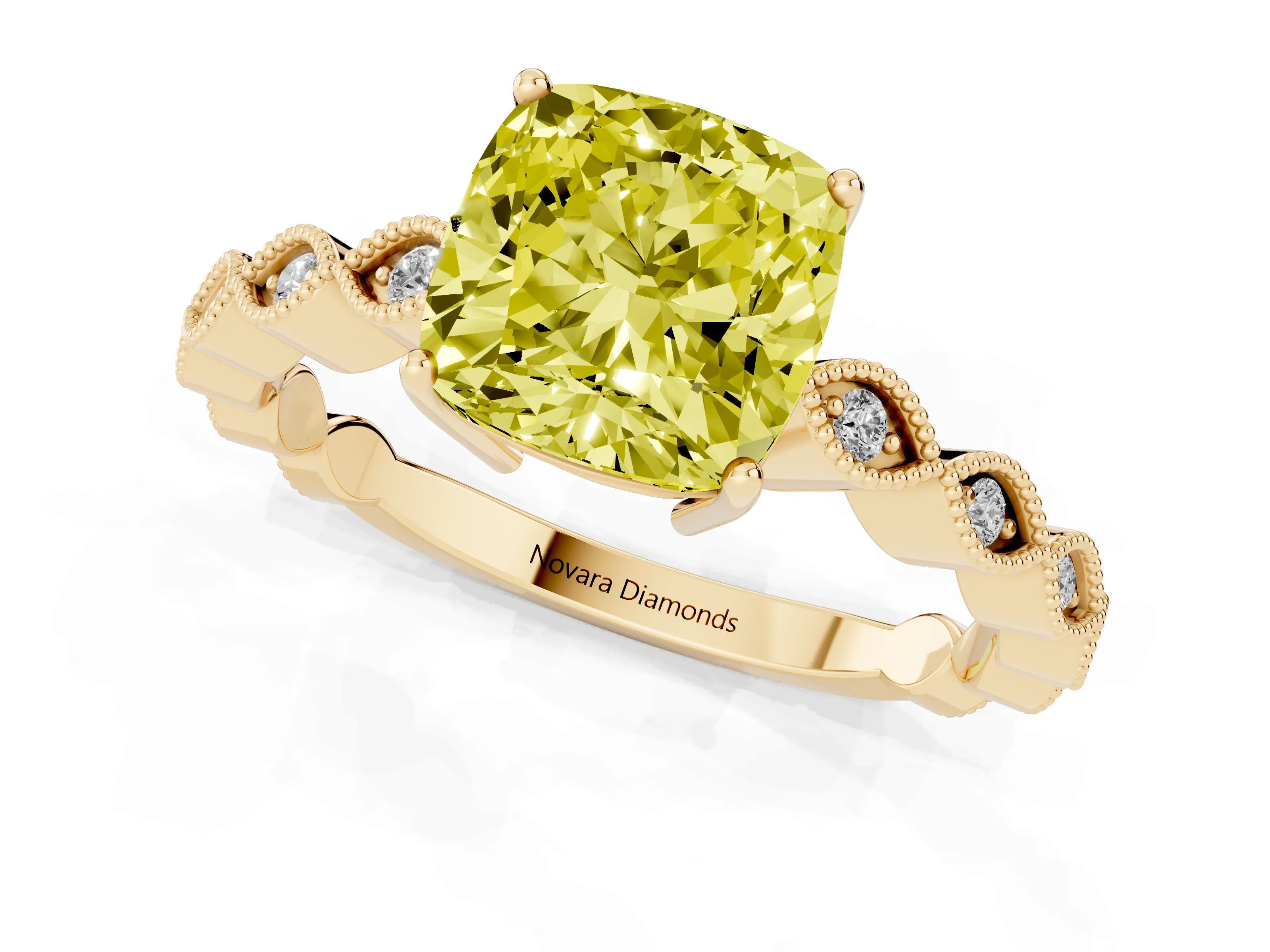 Fancy Yellow Cushion Cut Diamond Solitaire Ring Set in Yellow gold with Infinity Twist Pavé Band