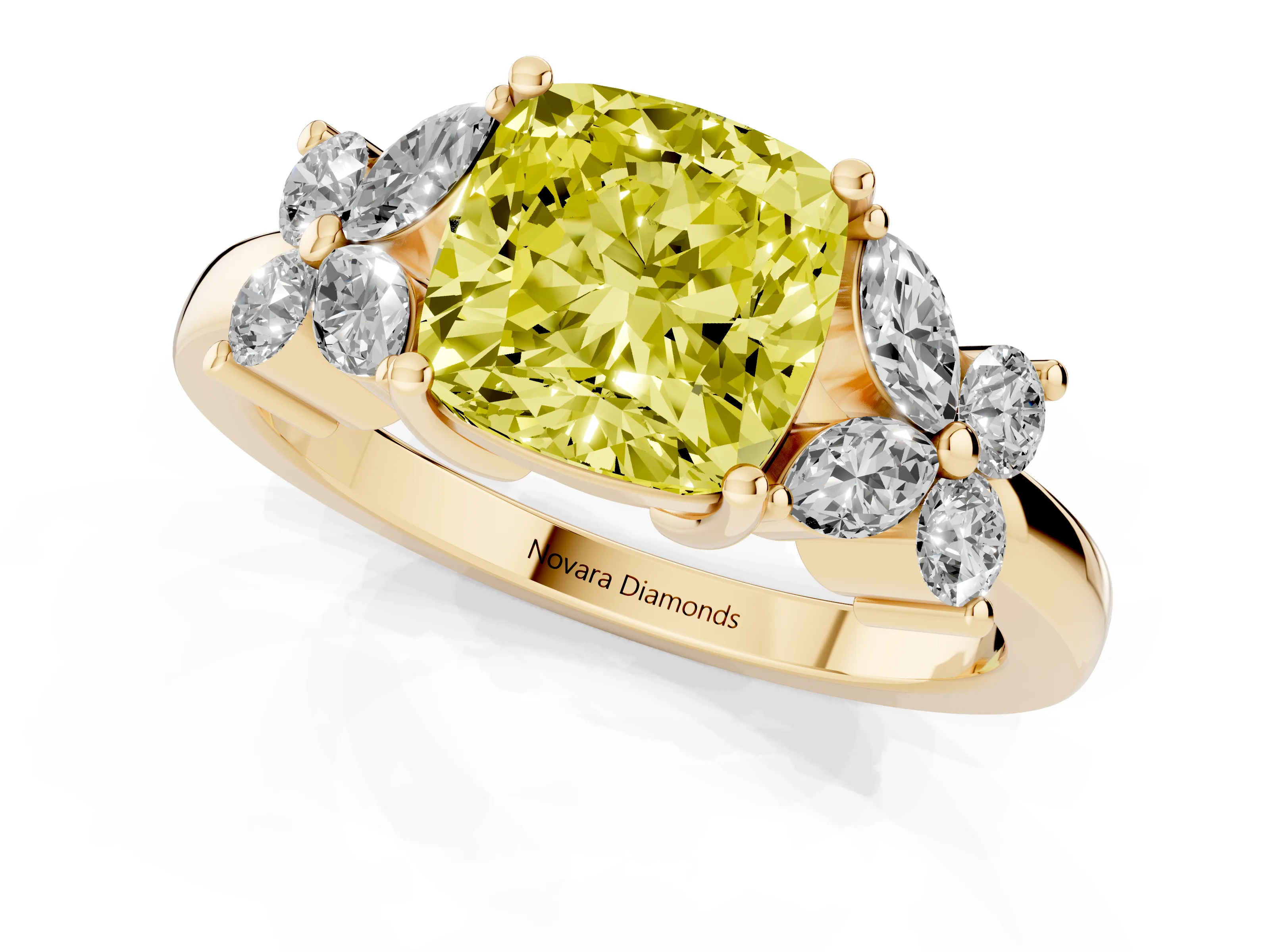 Fancy Yellow Cushion Cut Diamond Floral Cluster Ring Set in Yellow gold with Marquise Petals and Prong Setting