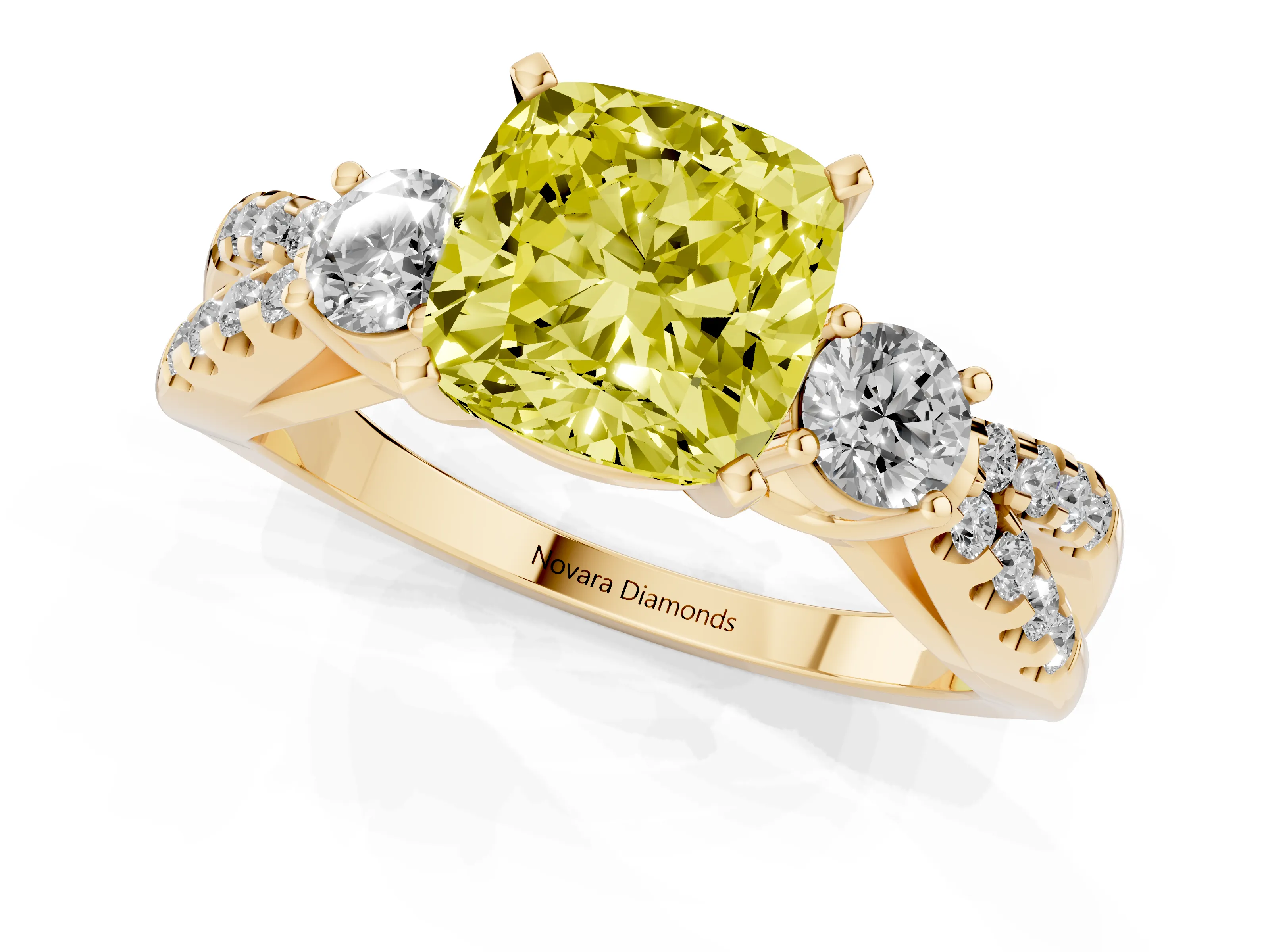 Fancy Yellow Cushion Cut Diamond Three-Stone Ring Set in Yellow gold with Pavé Split Shank and Prong Setting