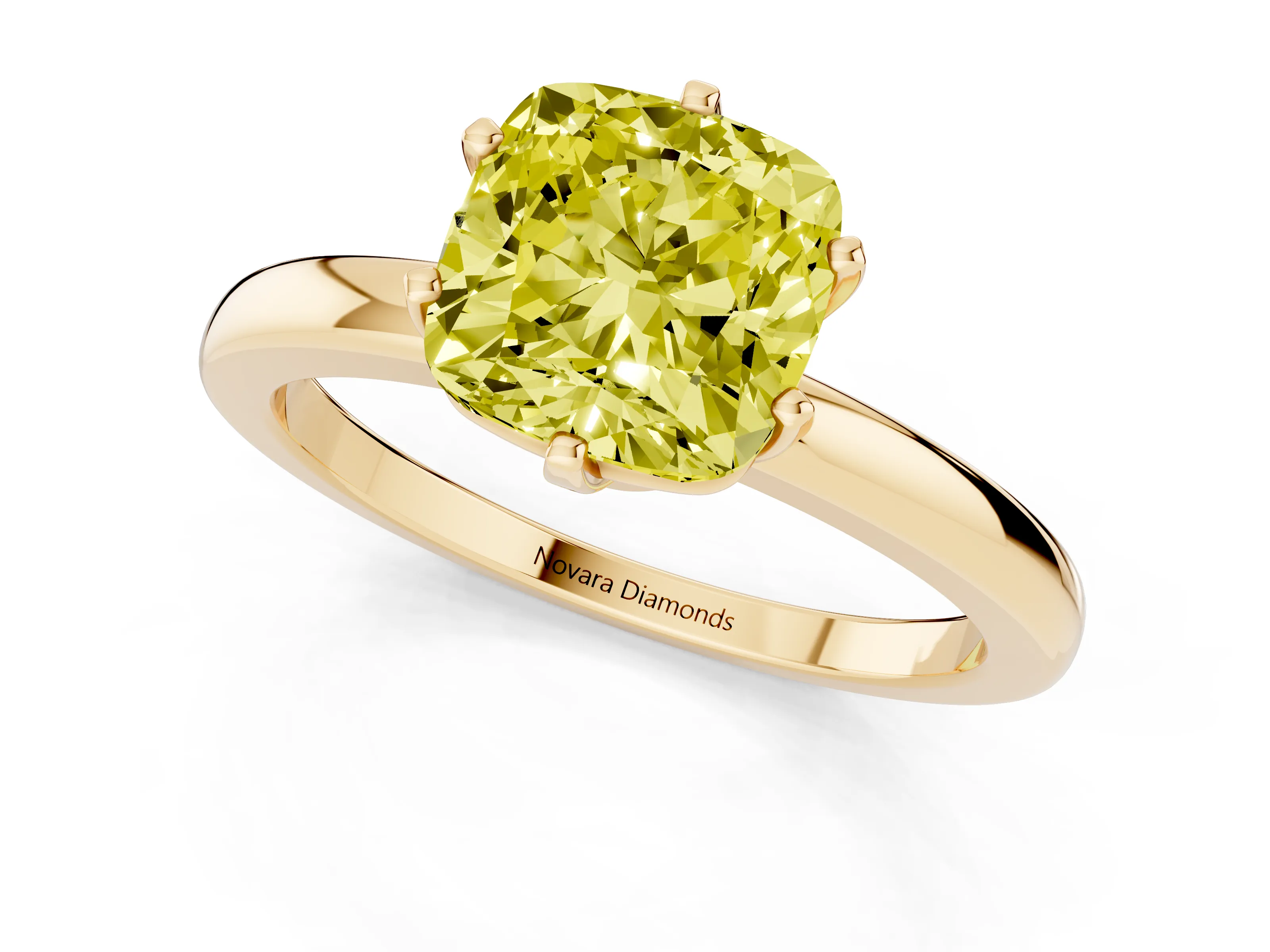 Fancy Yellow Cushion Cut Diamond Solitaire Ring Set in Yellow gold with Raised Prong Setting on a Classic Band