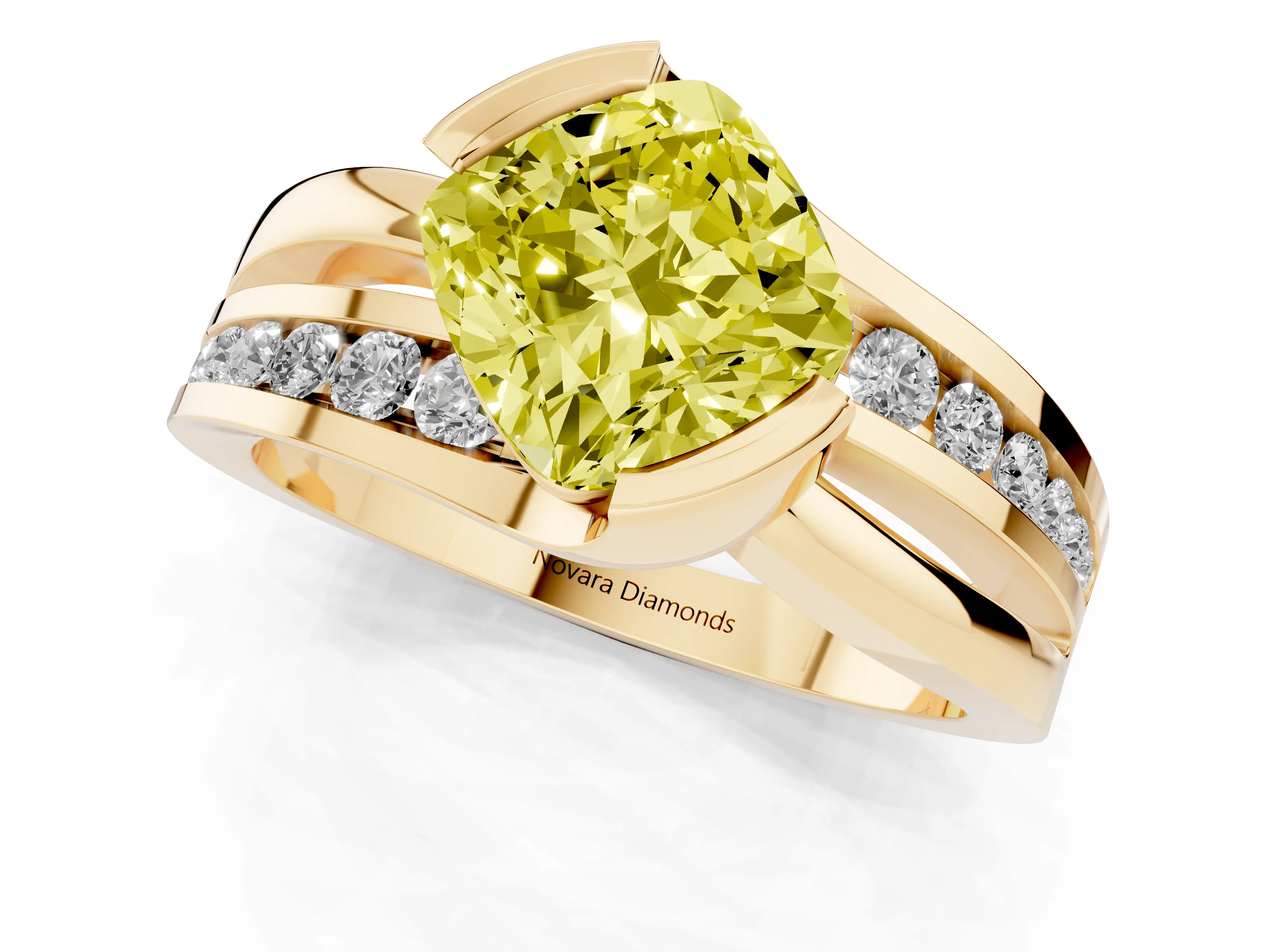 Fancy Yellow Cushion Cut Diamond Solitaire Ring Set in Yellow gold with Channel Set Split Shank and Tension Prongs