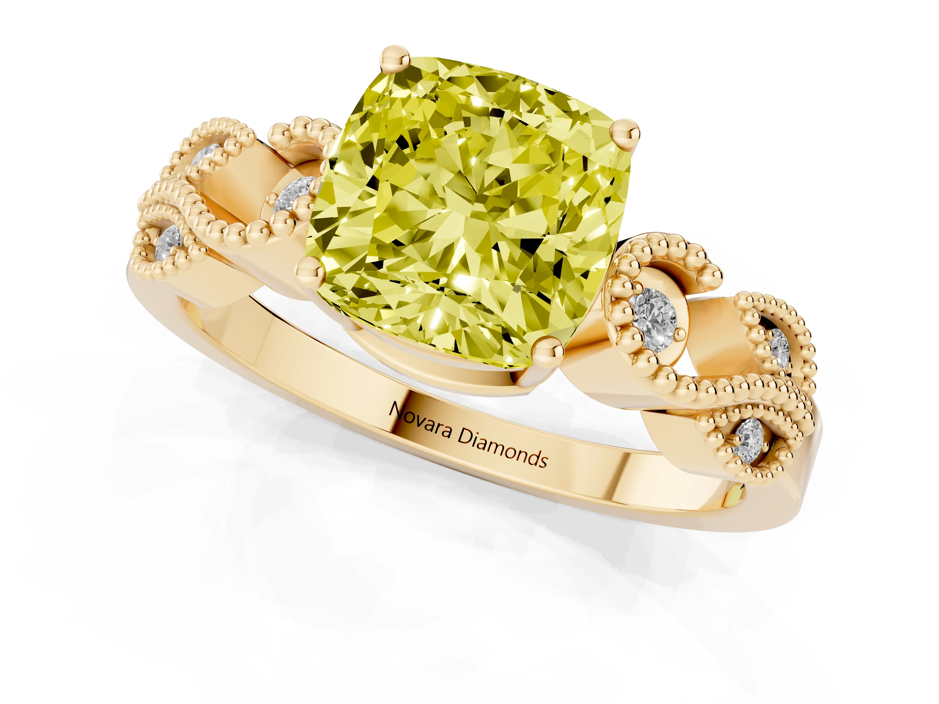 Fancy Yellow Cushion Cut Diamond Milgrain Leaf Band Solitaire Ring Set in Yellow gold with Accent Stones and Prong Setting