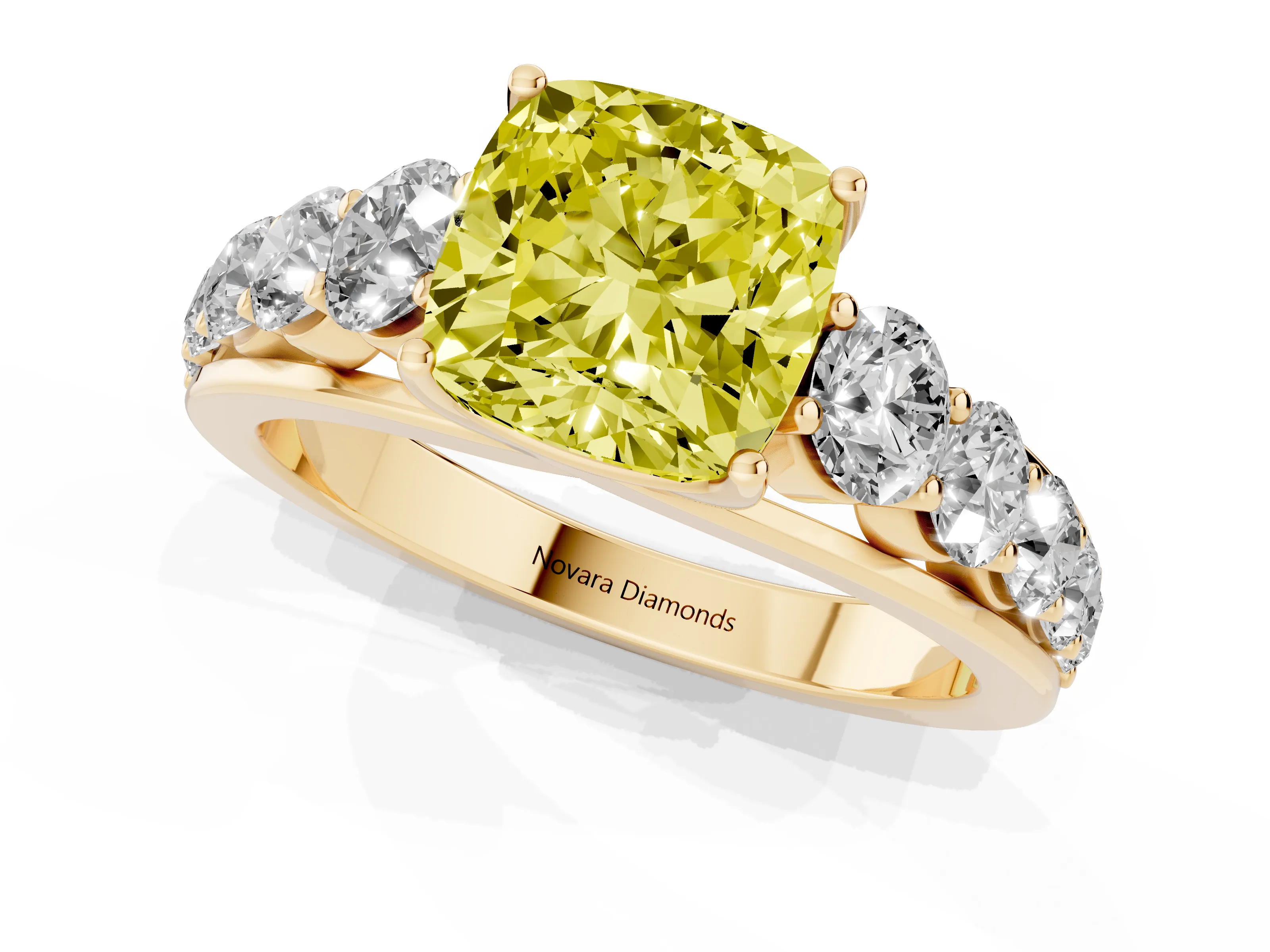 Fancy Yellow Cushion Cut Diamond Solitaire Ring Set in Yellow gold with Pavé-Set Band and Prong Setting