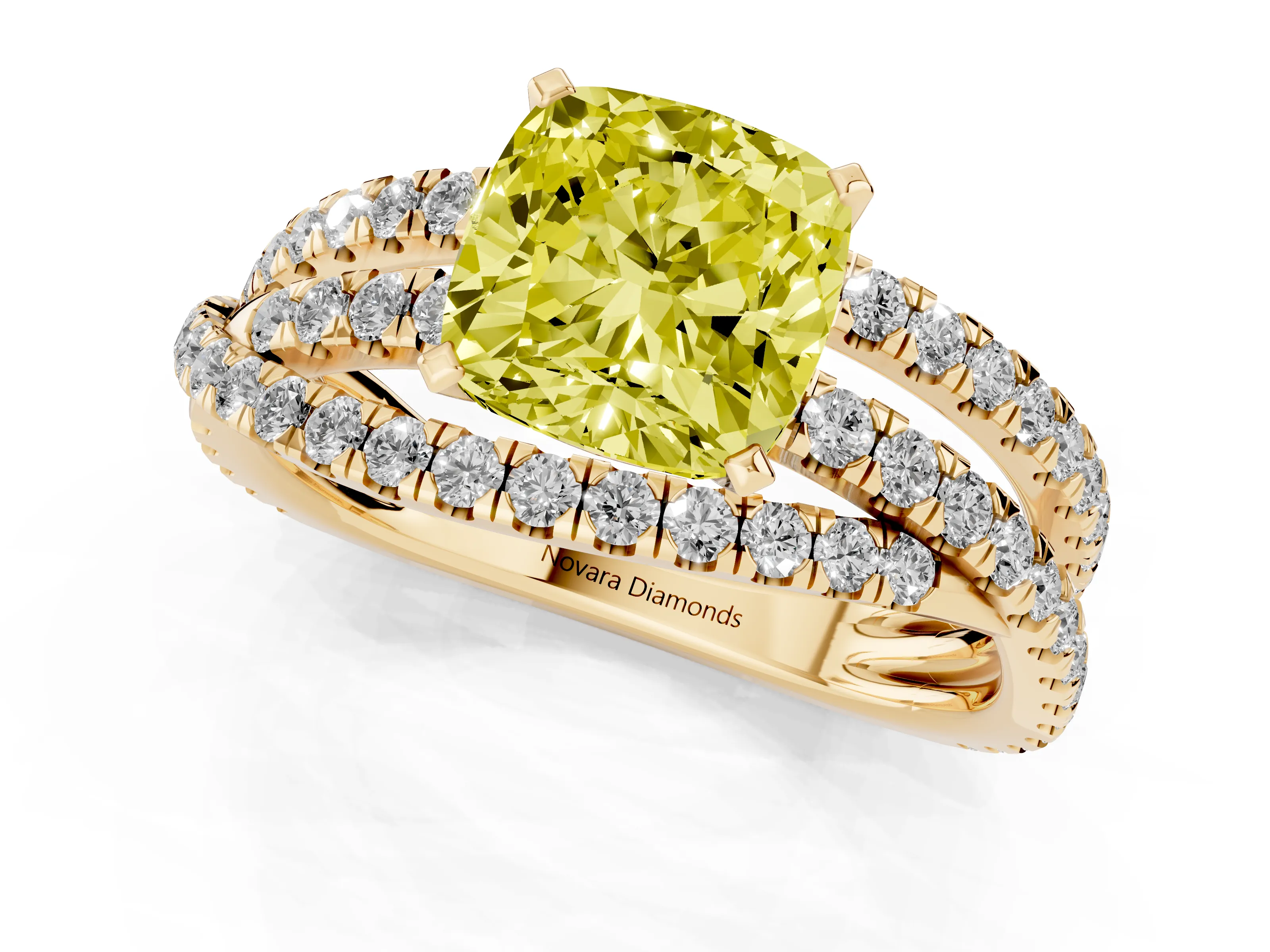 Fancy Yellow Cushion Cut Diamond Solitaire Twist Band Ring Set in Yellow gold with Pavé Setting and Prong Head