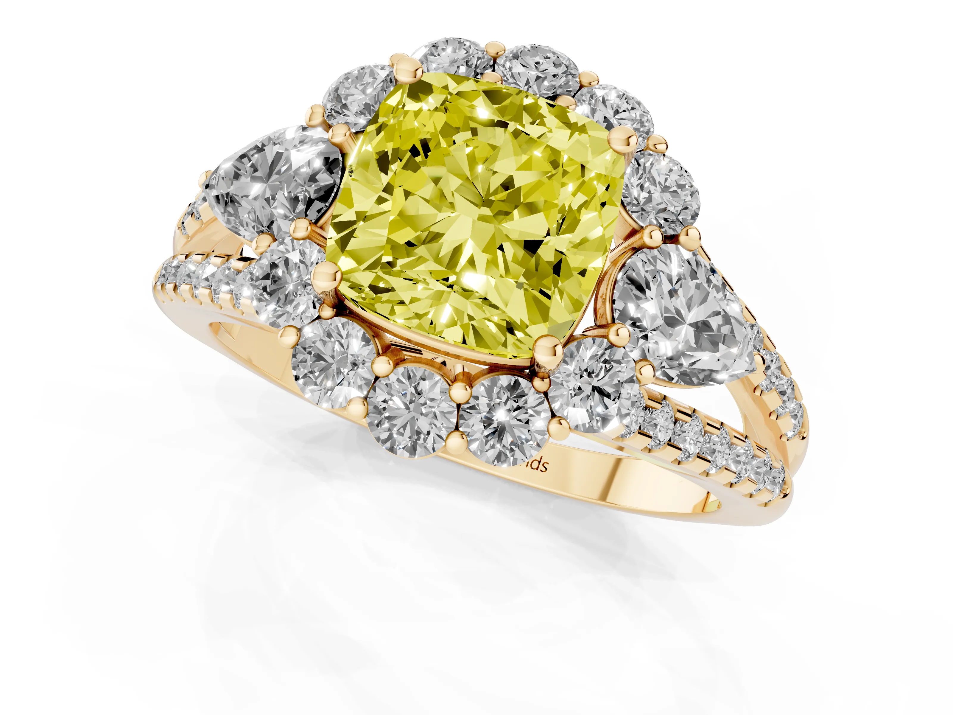 Fancy Yellow Cushion Cut Diamond Halo Split Shank Engagement Ring Set in Yellow gold with Prong-Held Center Stone