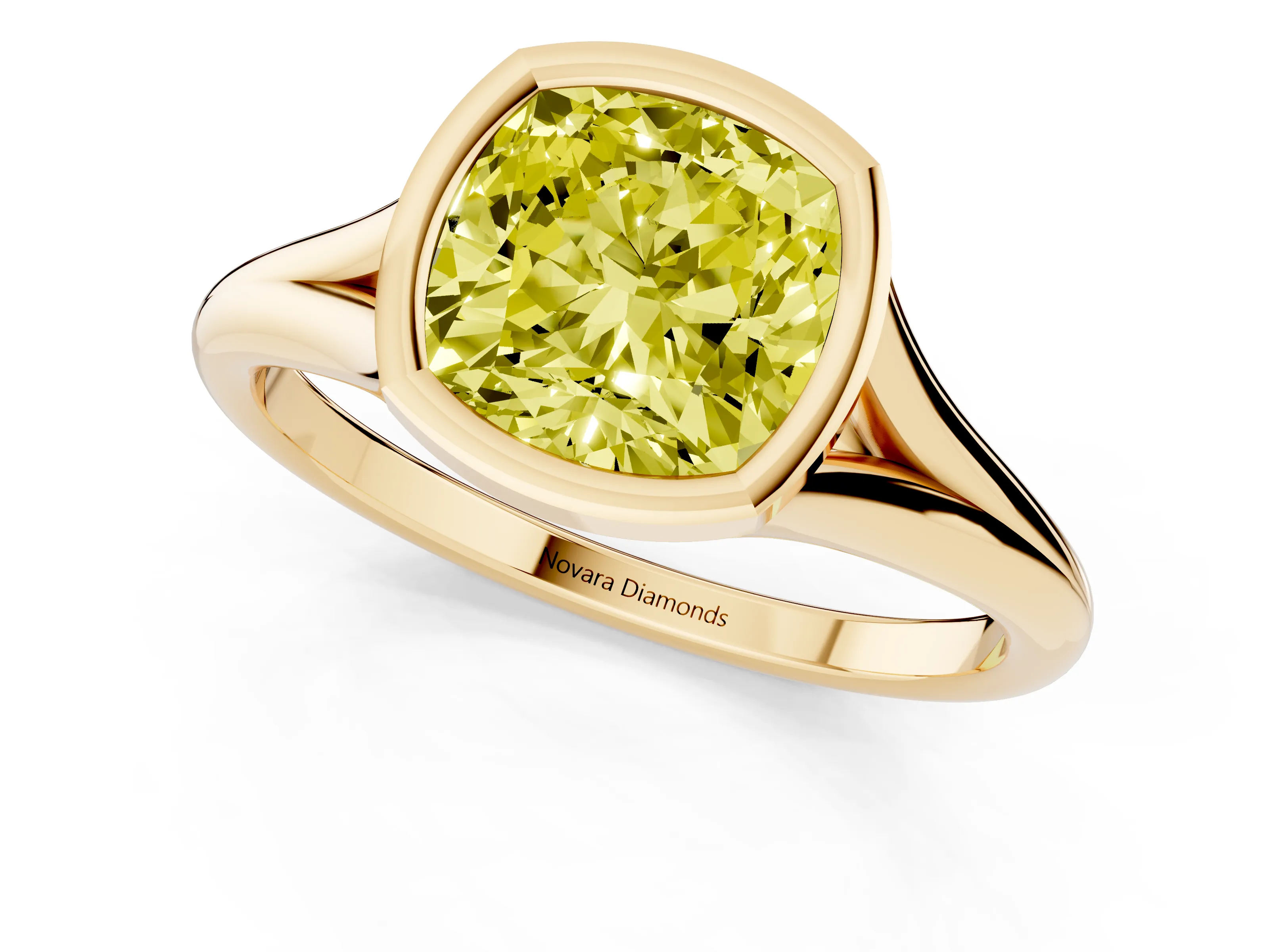 Fancy Yellow Bezel Set Cushion Cut Diamond Solitaire Ring Set in Yellow gold with Tapered Band