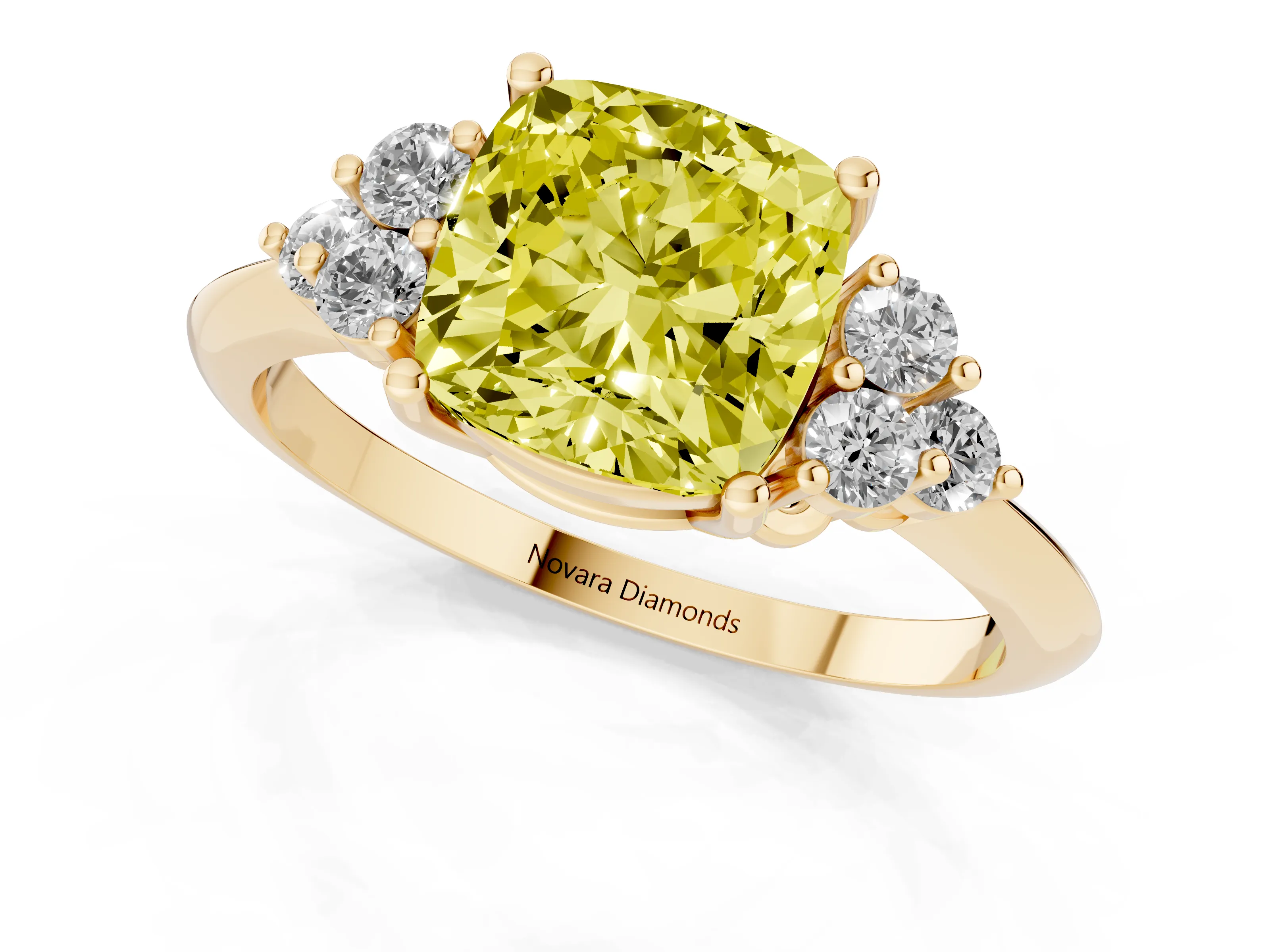 Fancy Yellow Cushion Cut Diamond Cluster Ring Set in Yellow gold with Plain Band and Prong Setting