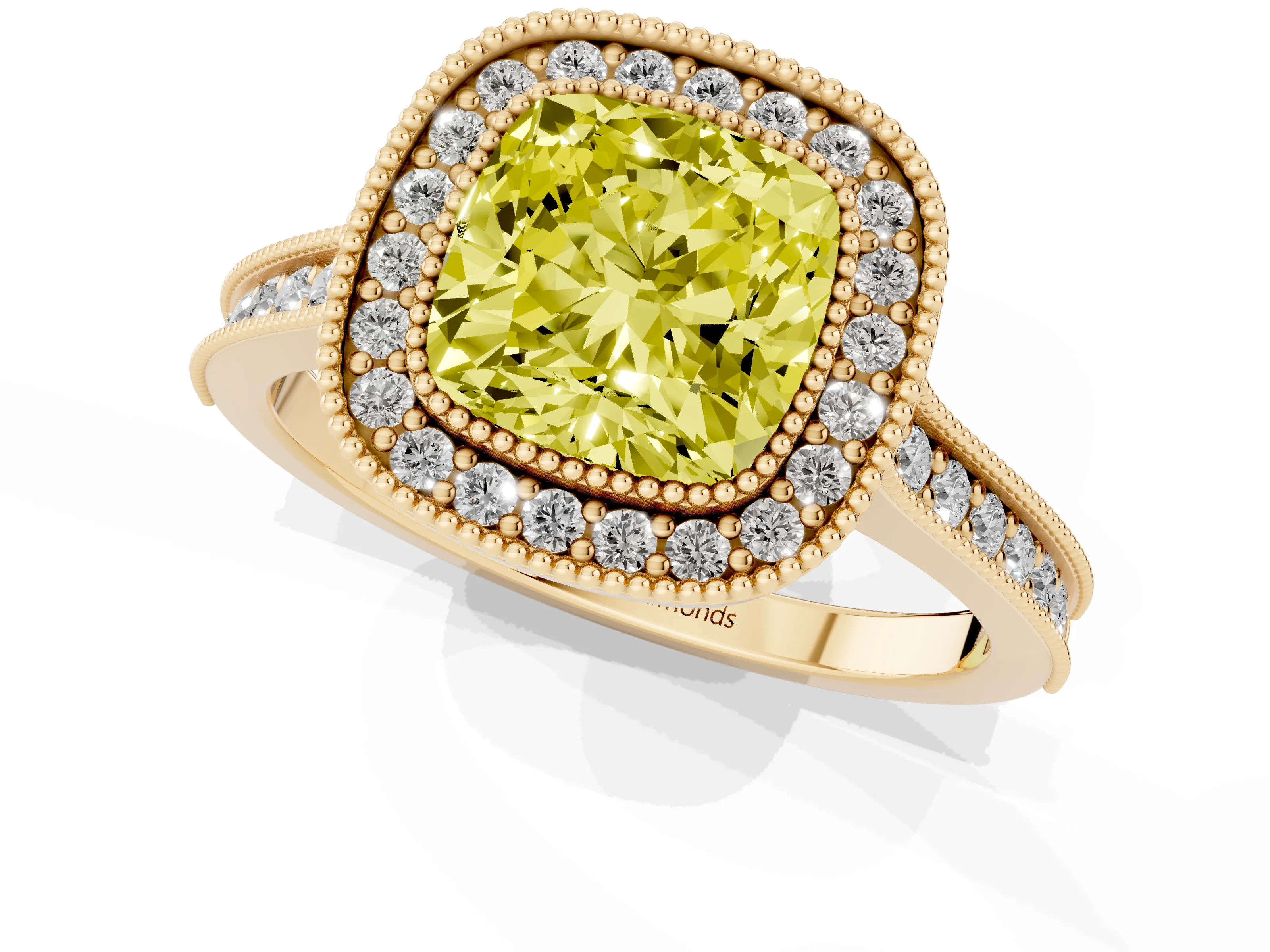 Fancy Yellow Cushion Cut Diamond Halo Milgrain Pavé Band Ring Set in Yellow gold with Prong Setting