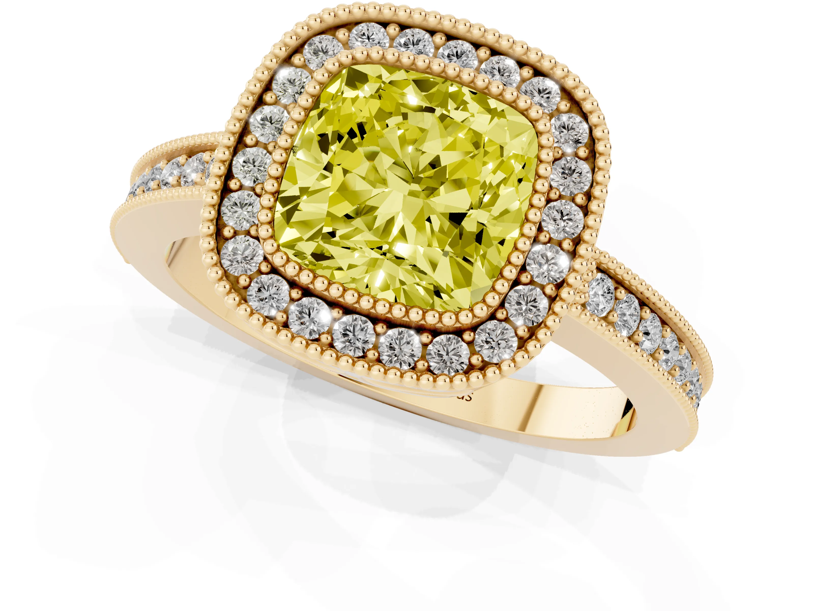 Fancy Yellow Cushion Cut Diamond Round Halo Ring Set in Yellow gold with Pavé Band