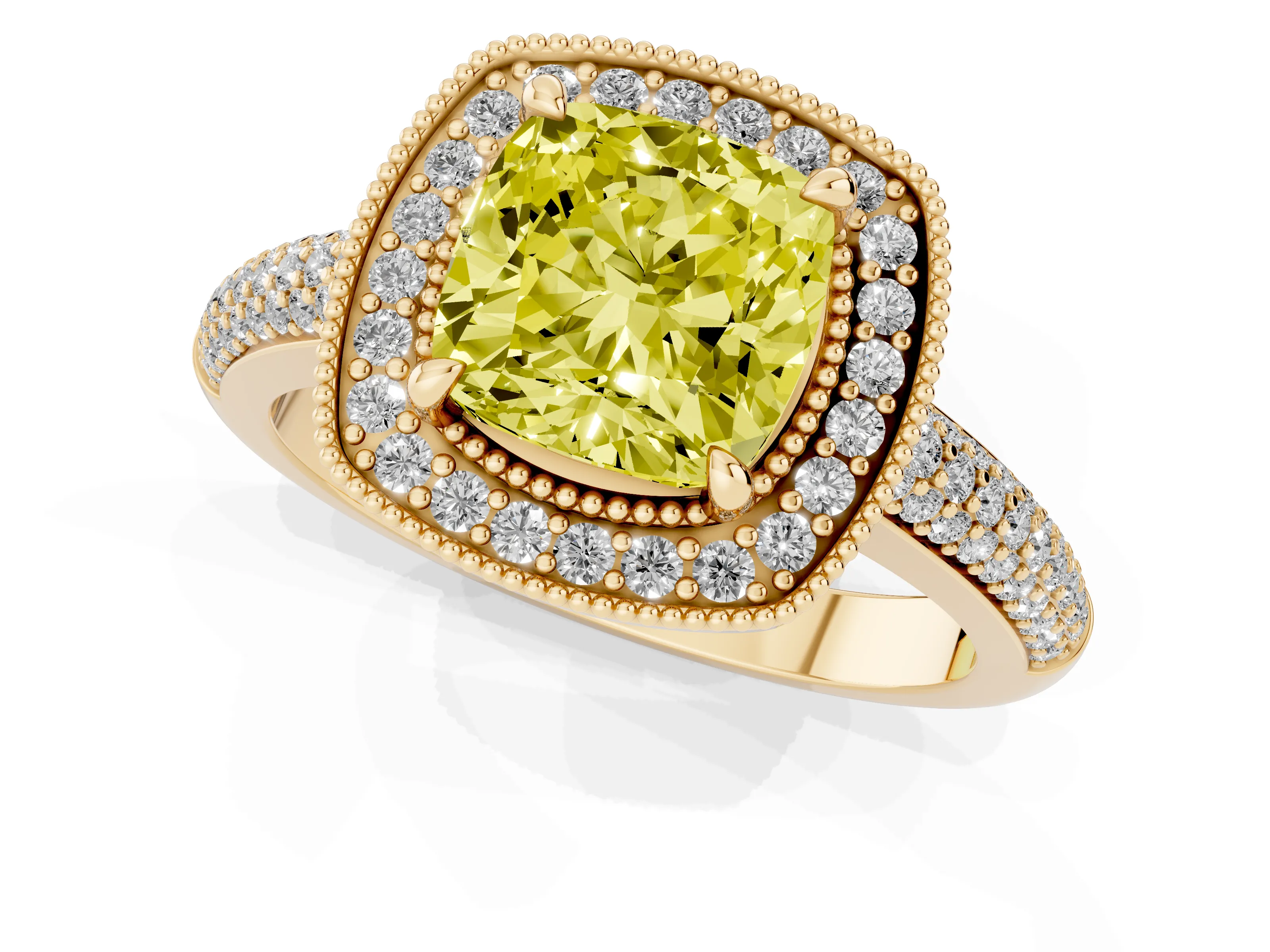 Fancy Yellow Cushion Cut Diamond Halo Pavé Band Set in Yellow gold with Prong Setting