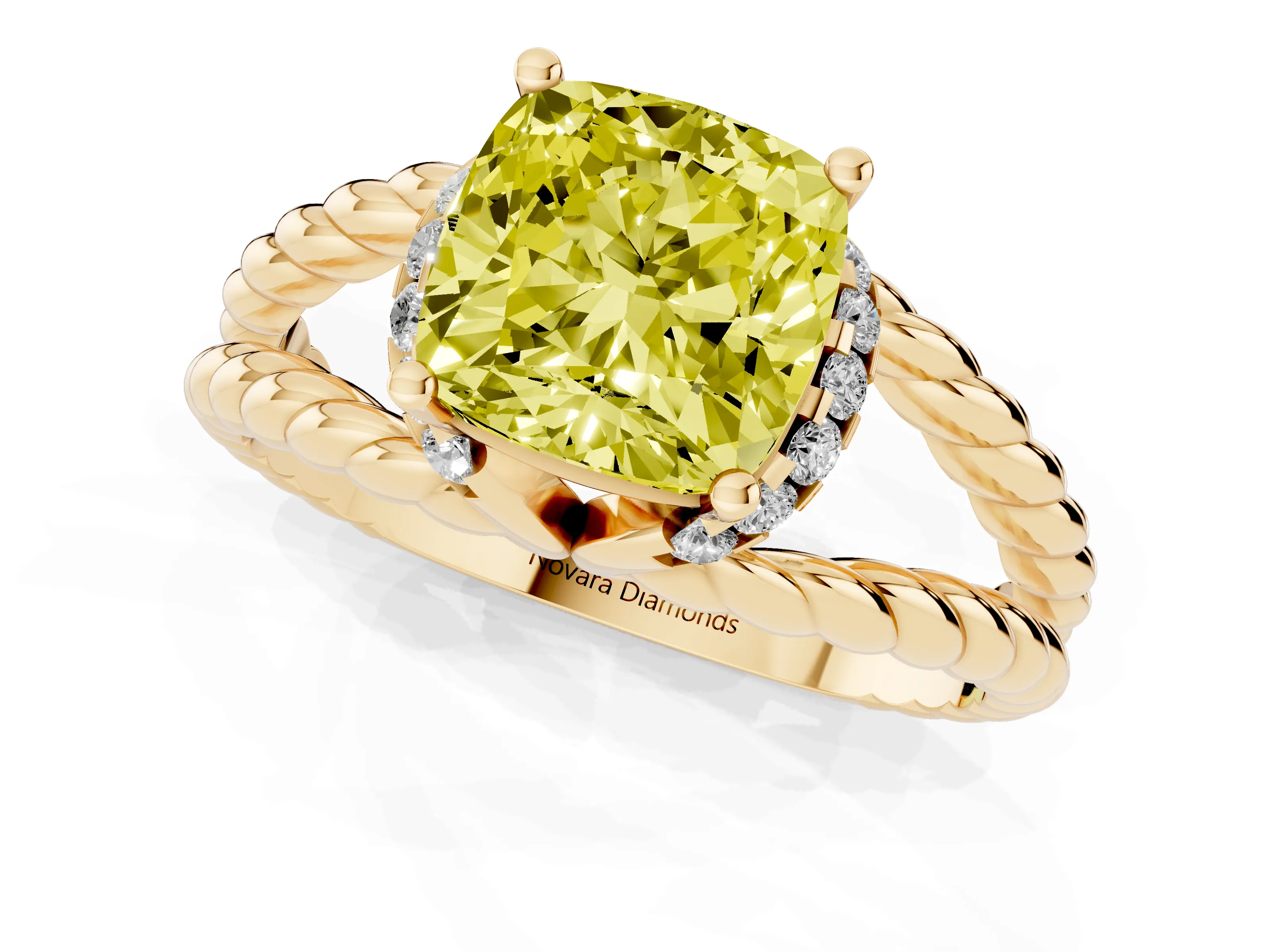 Fancy Yellow Cushion Cut Diamond Halo Ring Set in Yellow gold with Twisted Band and Prong Setting