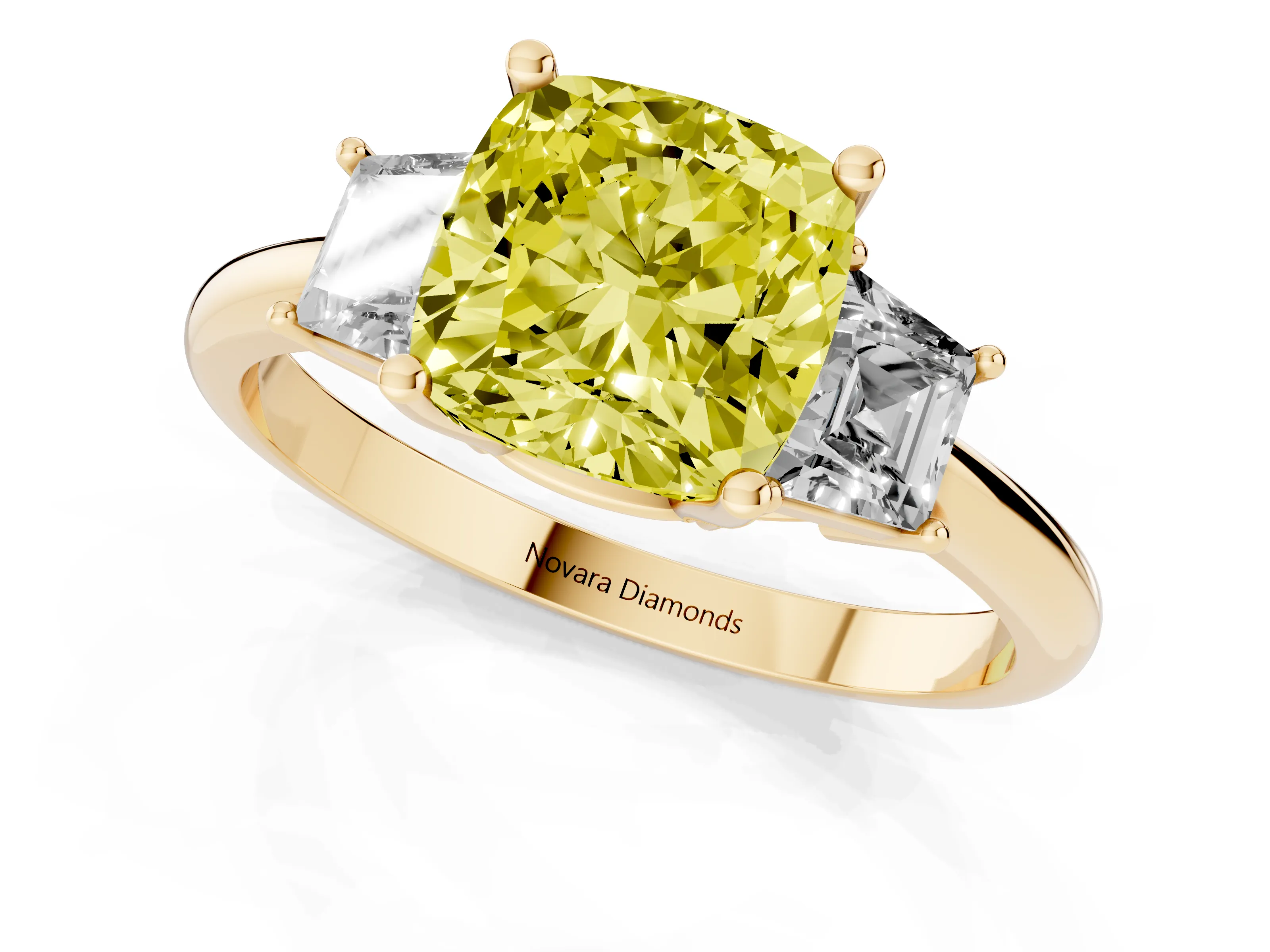 Fancy Yellow Cushion Cut Diamond Three-Stone Ring Set in Yellow gold with Trapezoid Side Stones and Prong Setting – second view