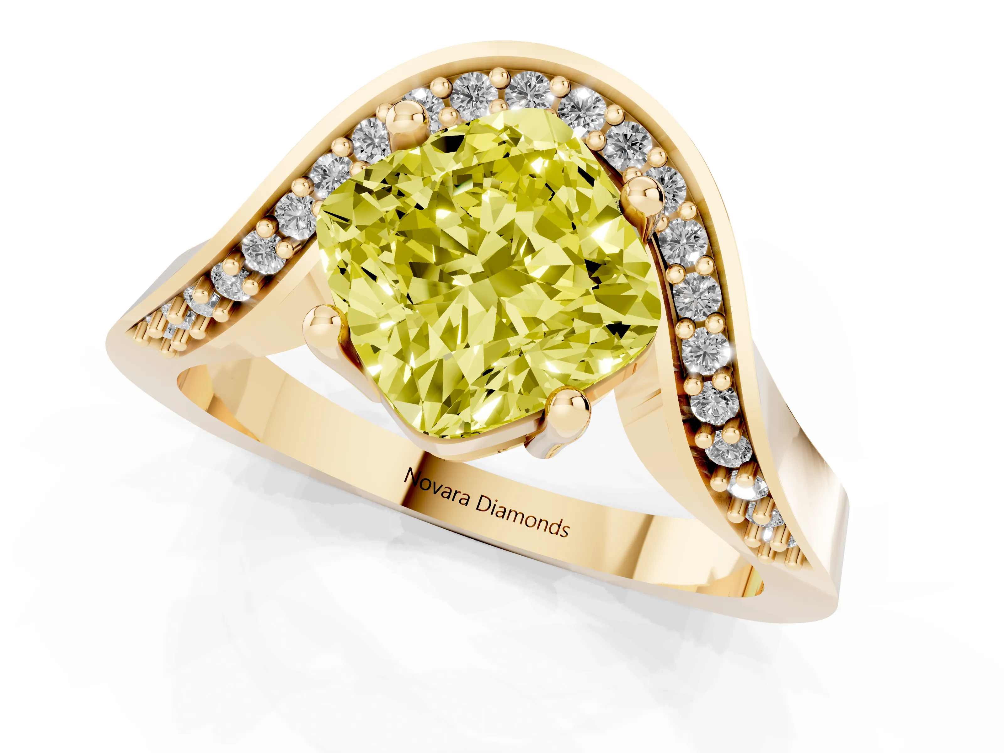 Fancy Yellow Cushion Cut Diamond Solitaire Engagement Ring Set in Yellow gold with Pavé Shoulders