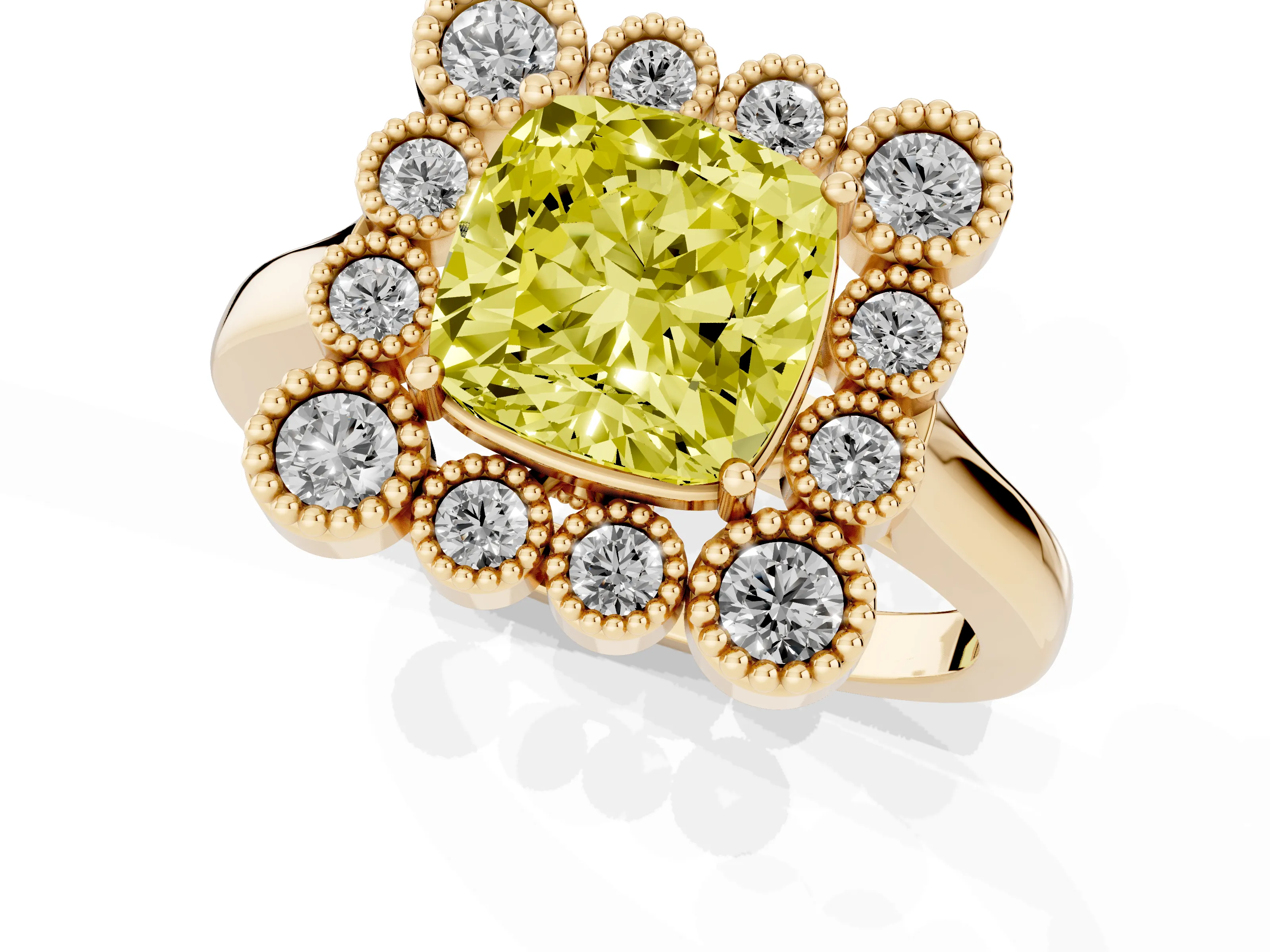 Fancy Yellow Cushion Cut Diamond Cluster Halo Ring Set in Yellow gold with Milgrain Bezel Accents and Plain Band