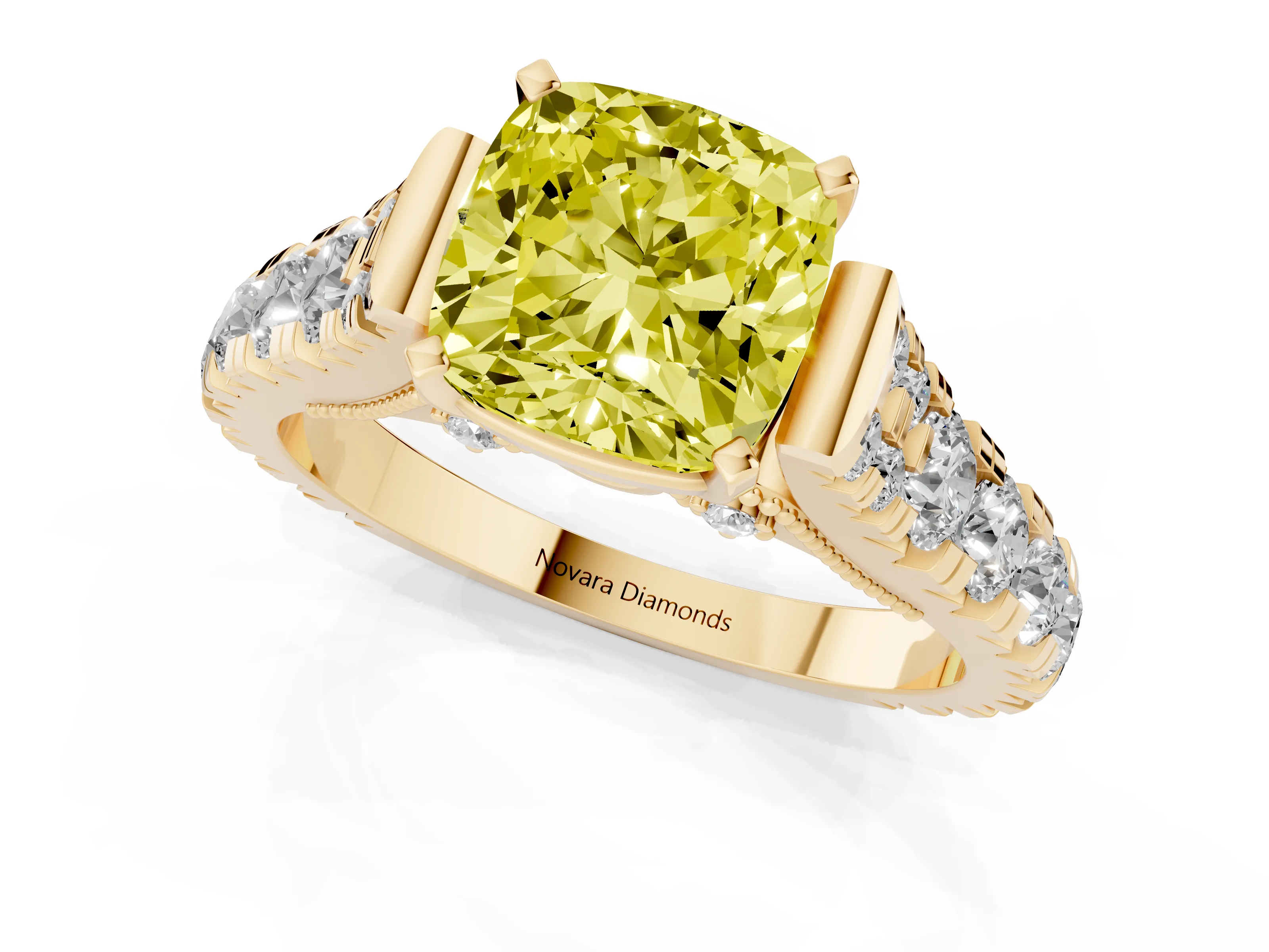 Fancy Yellow Cushion Cut Diamond Classic Solitaire Ring Set in Yellow gold with Pavé Band and Prong Setting