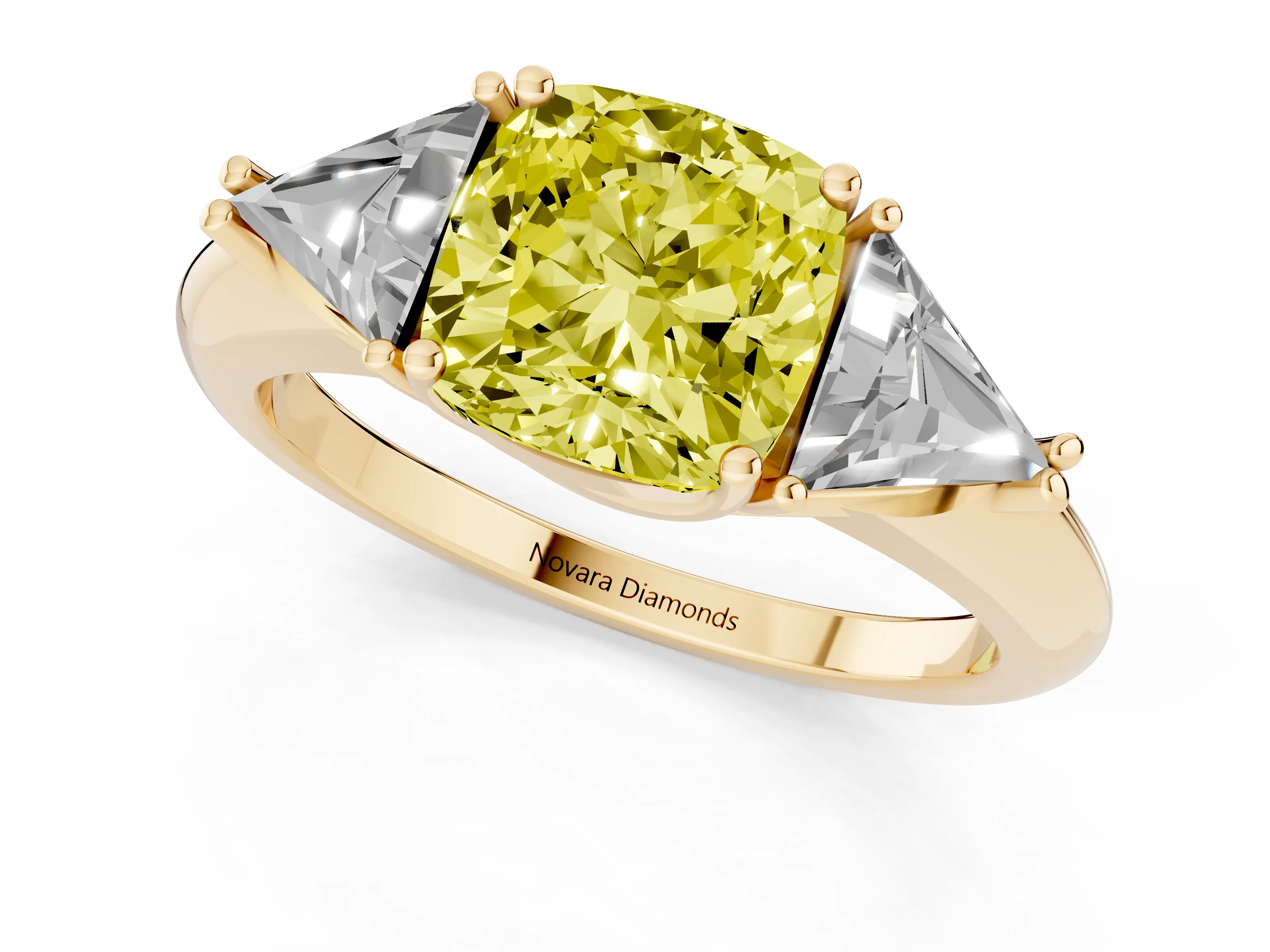 Fancy Yellow Cushion Cut Diamond Three-Stone Engagement Ring Set in Yellow gold with Trillion Side Stones