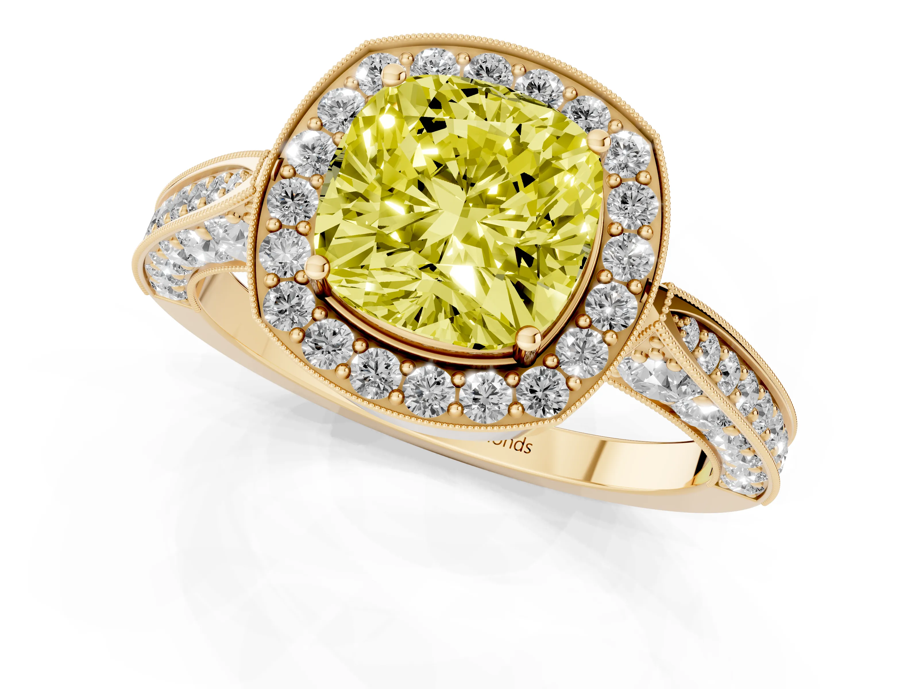 Fancy Yellow Cushion Cut Diamond Halo Engagement Ring Set in Yellow gold with Accent Split Shank Band