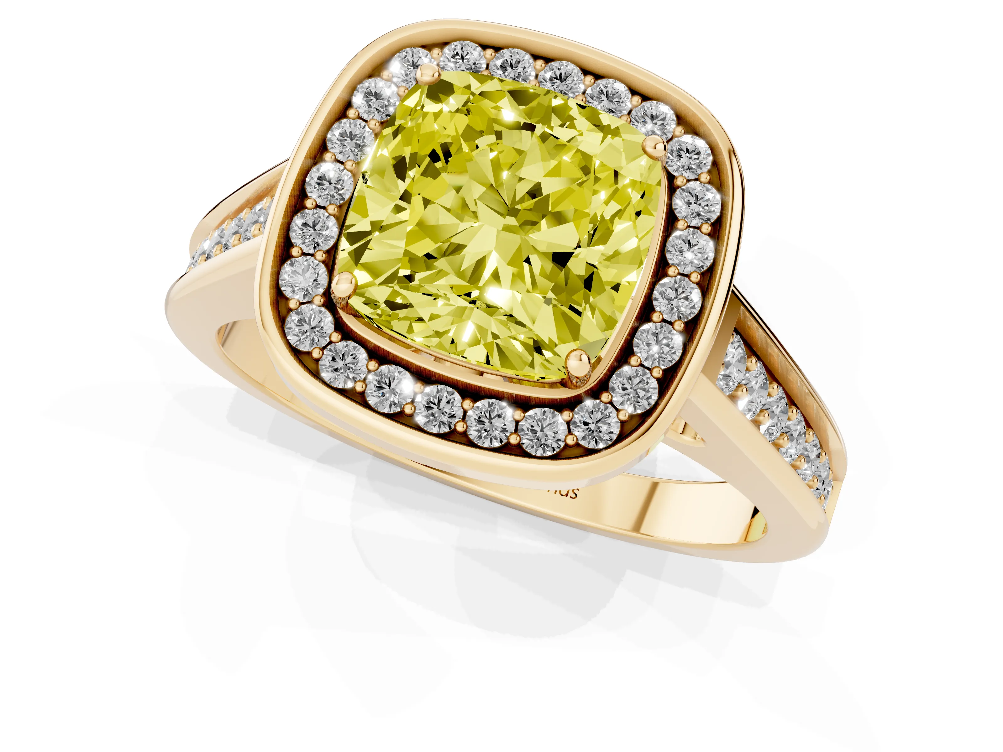 Fancy Yellow Cushion Cut Diamond Halo Solitaire Ring Set in Yellow gold with Pavé Band and Bezel Setting
