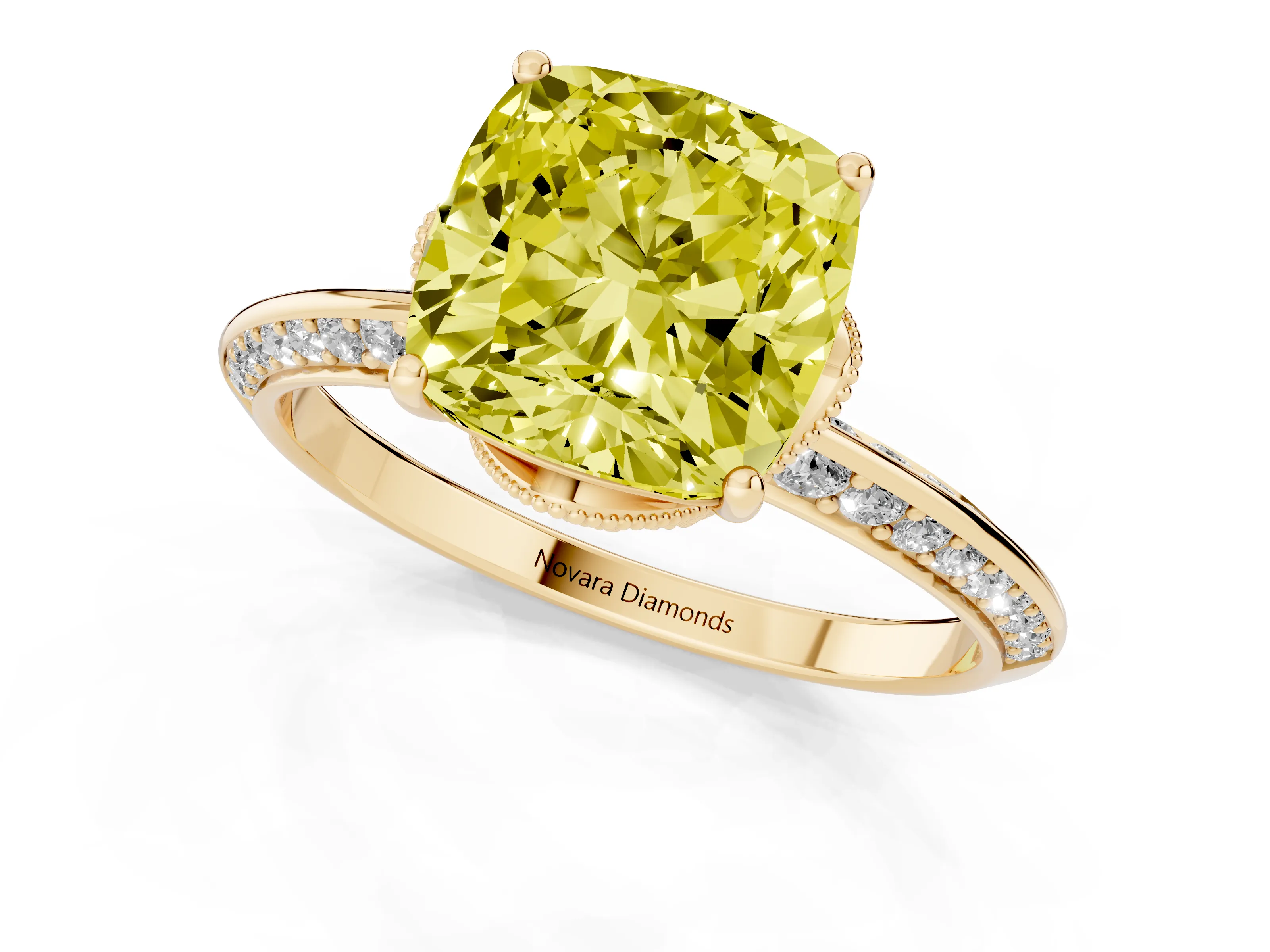 Fancy Yellow Cushion Cut Diamond Solitaire Engagement Ring Set in Yellow gold with Pavé Split Shank and Prong Setting